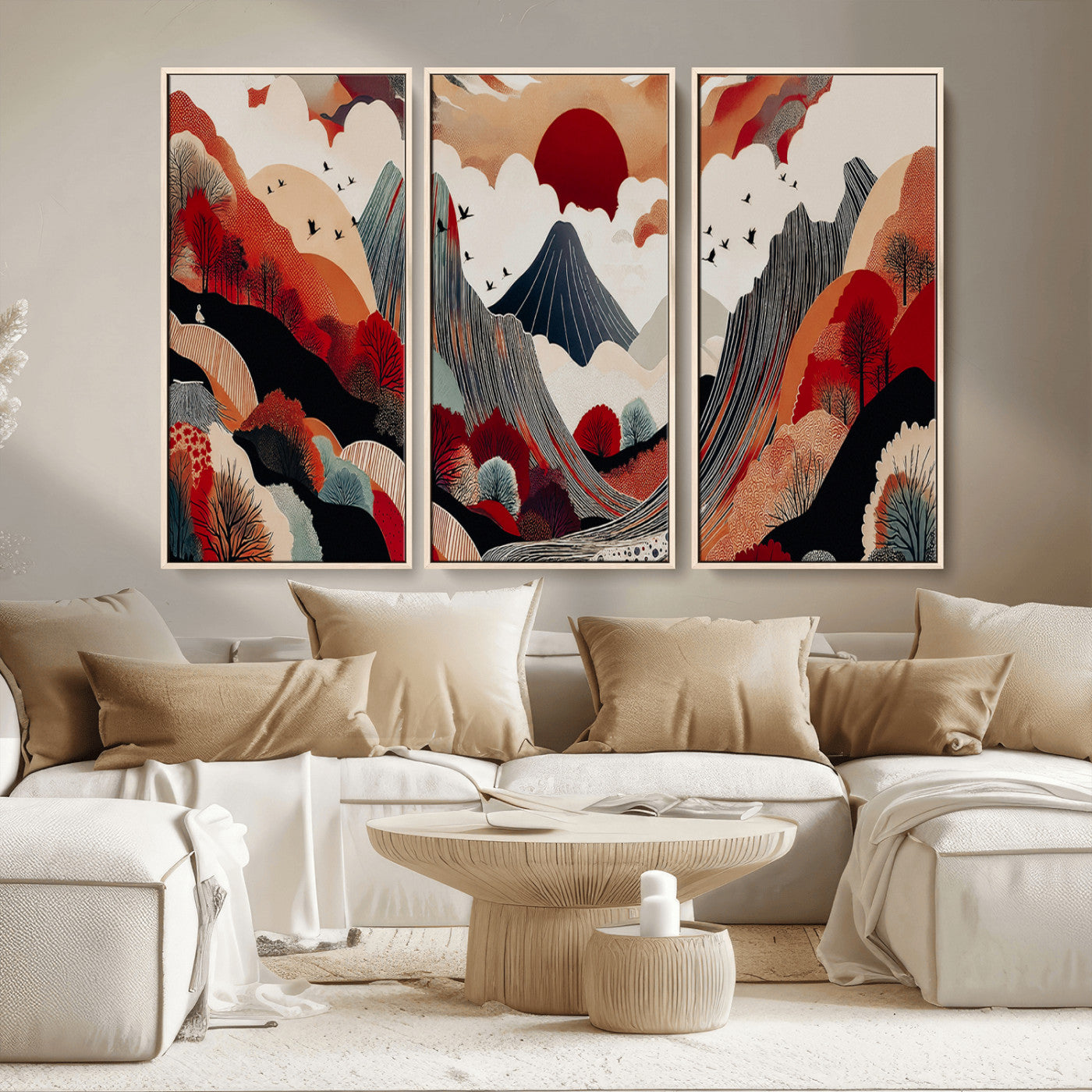 MGV-FC-48X32-3P - Abstract Mountain Wall Art Canvas Print, Framed Vibrant Landscape Art Picture Print, Stylized Nature Drawing Perfect Contemporary Minimalist Decor Artwork
