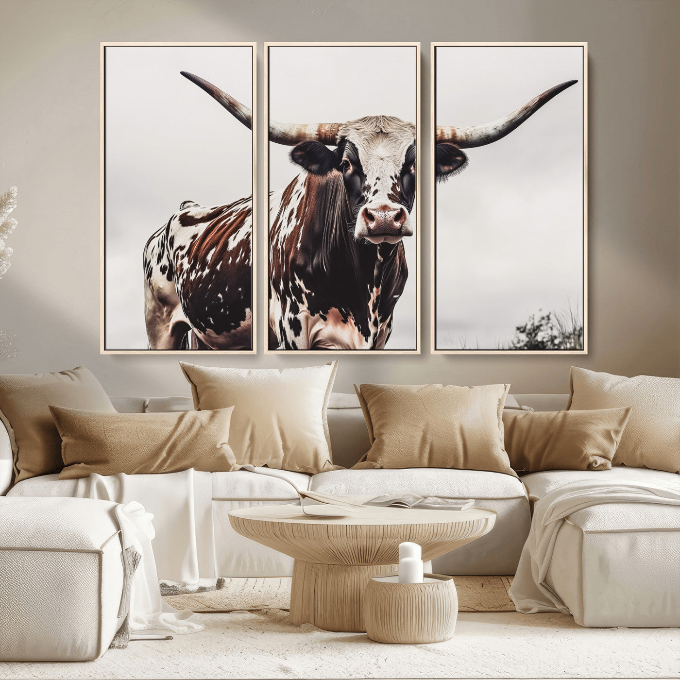 Close-up of a Texas Longhorn bull with powerful horns, perfect for rustic farmhouse or country-themed home decor. Ideal for animal lovers.