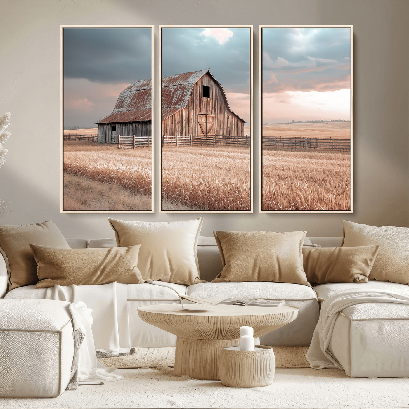 36878364-MGV-CV-48X32-3P-Rustic Barn Wall Art Canvas Print, Framed Wheat Field Art Picture Print, Sunset Barn Perfect Vintage Farmhouse Decor Artwork