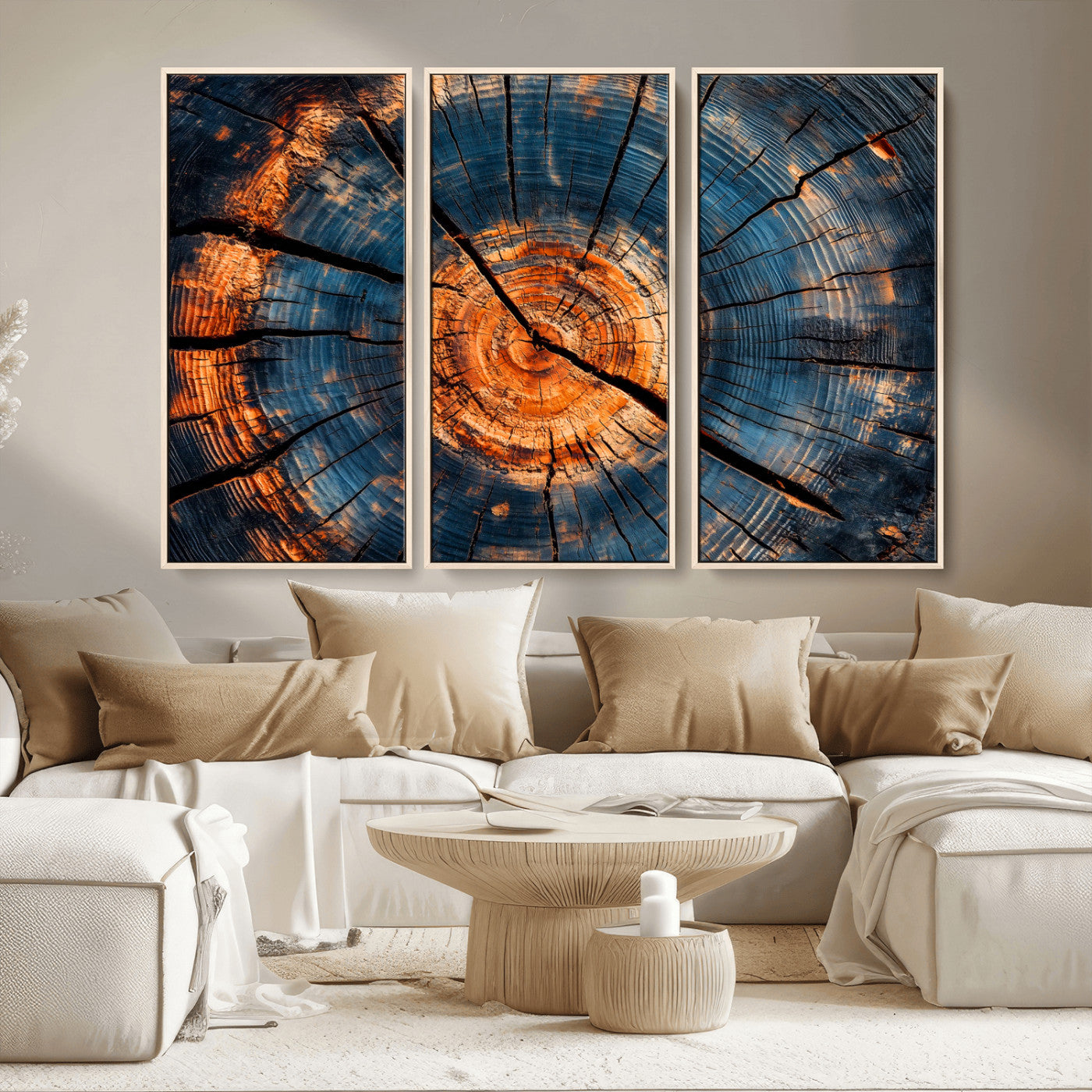 MGV-FC-48X32-3P - Burnt Wood Wall Art Canvas Print, Framed Aged Timber Art Picture Print, Rustic Tree Slice Perfect Rustic Decor Artwork