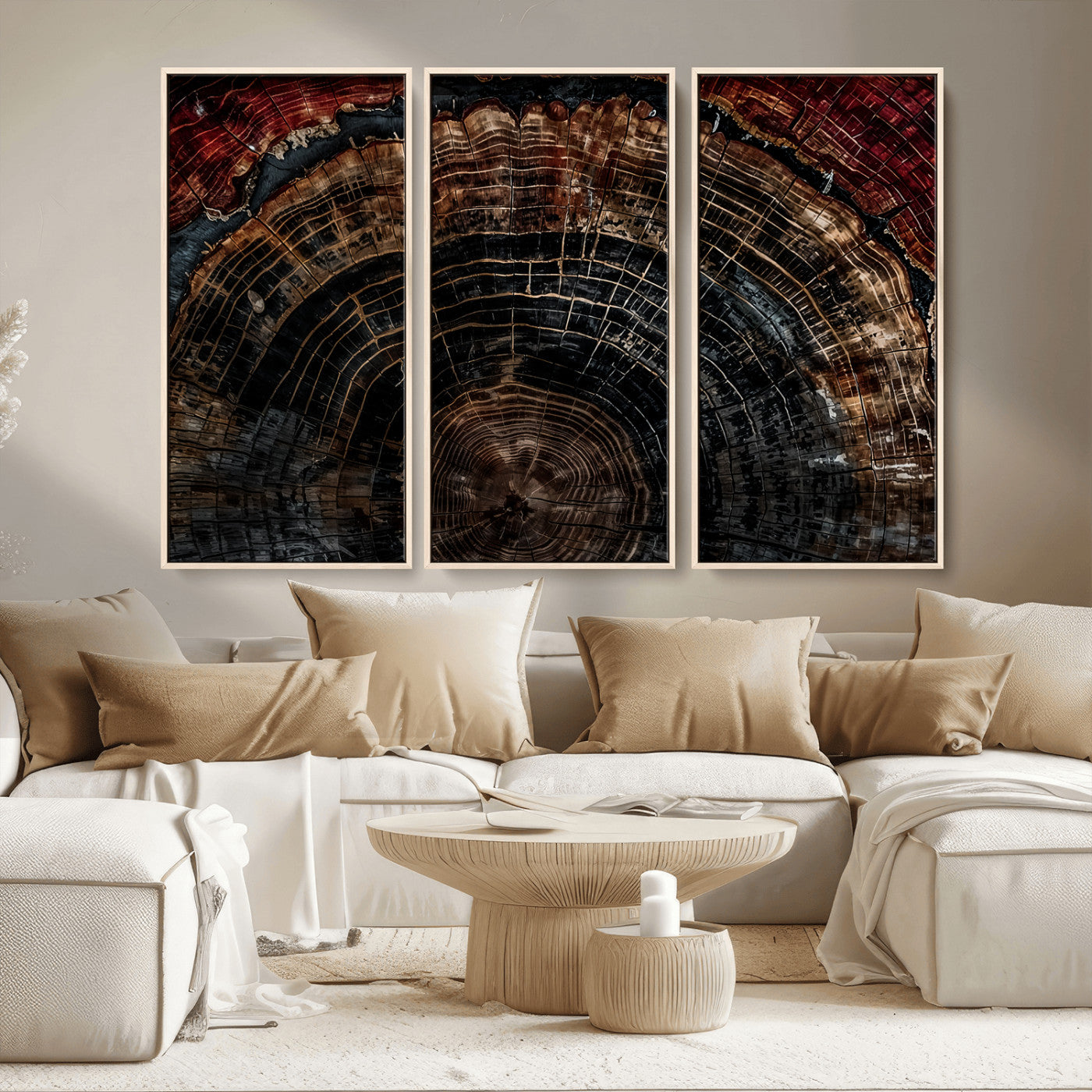 MGV-FC-48X32-3P - Dark Wood Ring Wall Art Canvas Print, Framed Abstract Wood Tree Art Picture Print, Rustic Tree Slice Perfect Rustic Decor Artwork