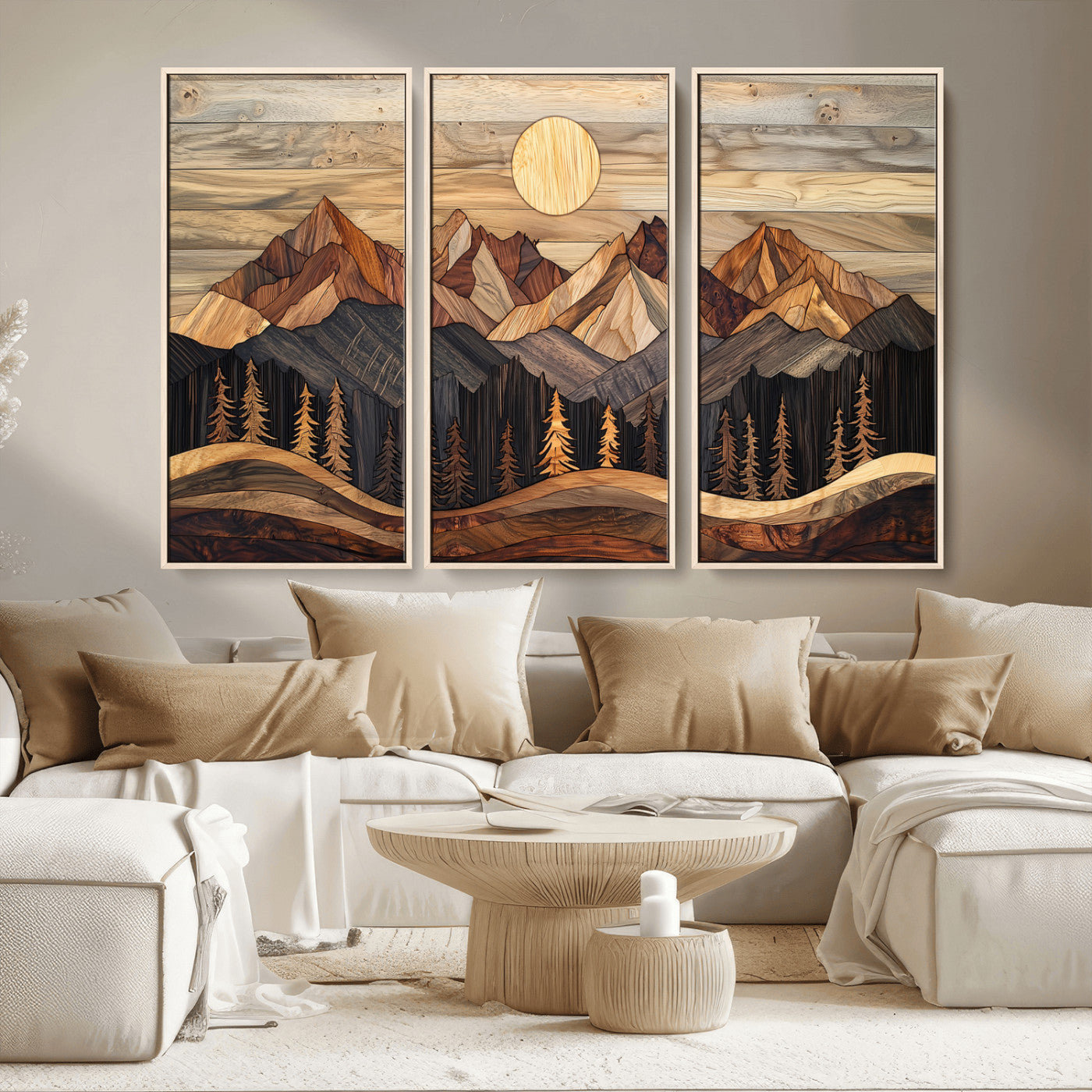 MGV-FC-48X32-3P - Wood Mountain Wall Art Canvas Print, Framed Boho Wood Art Picture Print, Abstract Woodland Perfect Farmhouse Decor Artwork