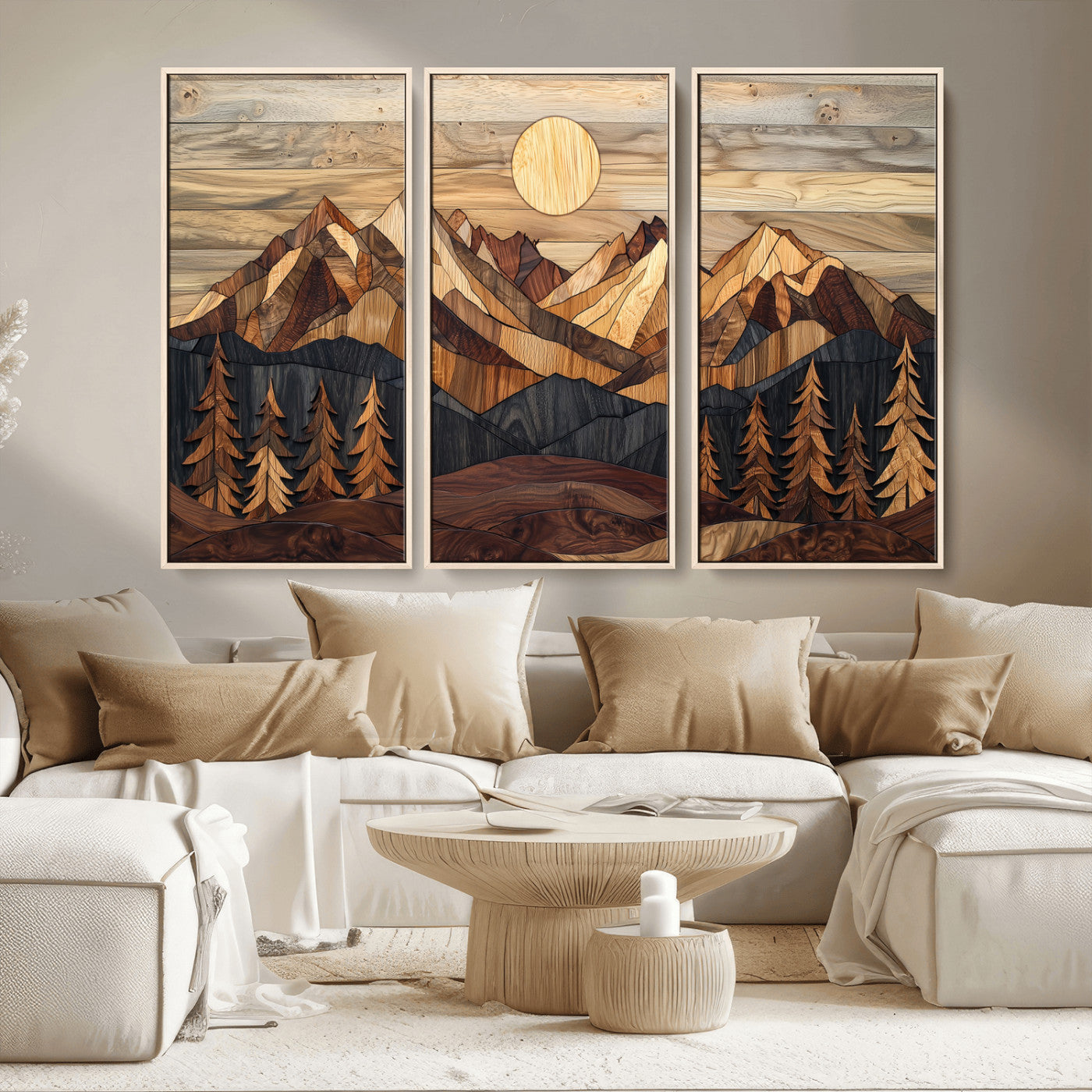 MGV-FC-48X32-3P - Wood Mountain Landscape Wall Art Canvas Print, Framed Sunset Hills Art Picture Print, Abstract Nature Perfect Boho Decor Artwork