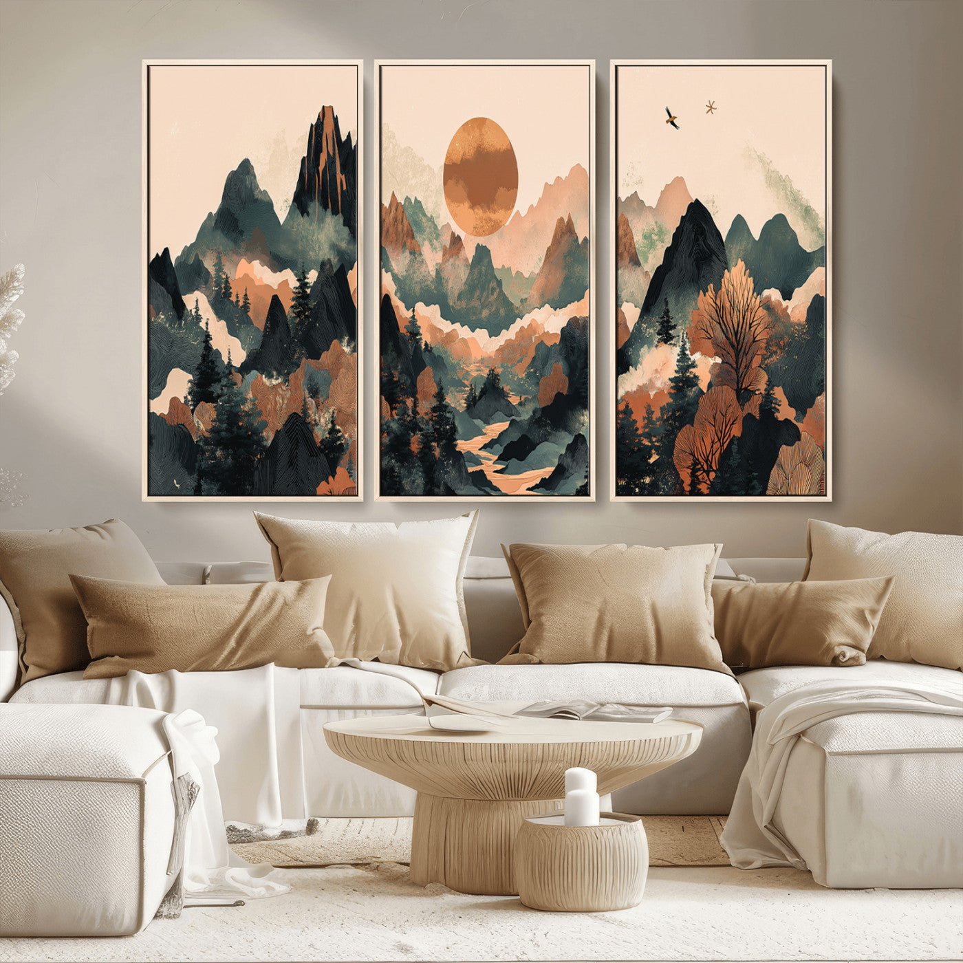 MGV-FC-48X32-3P - Wood Mountain Landscape Wall Art Canvas Print, Framed Sunset Hills Art Picture Print, Abstract Nature Perfect Boho Decor Artwork