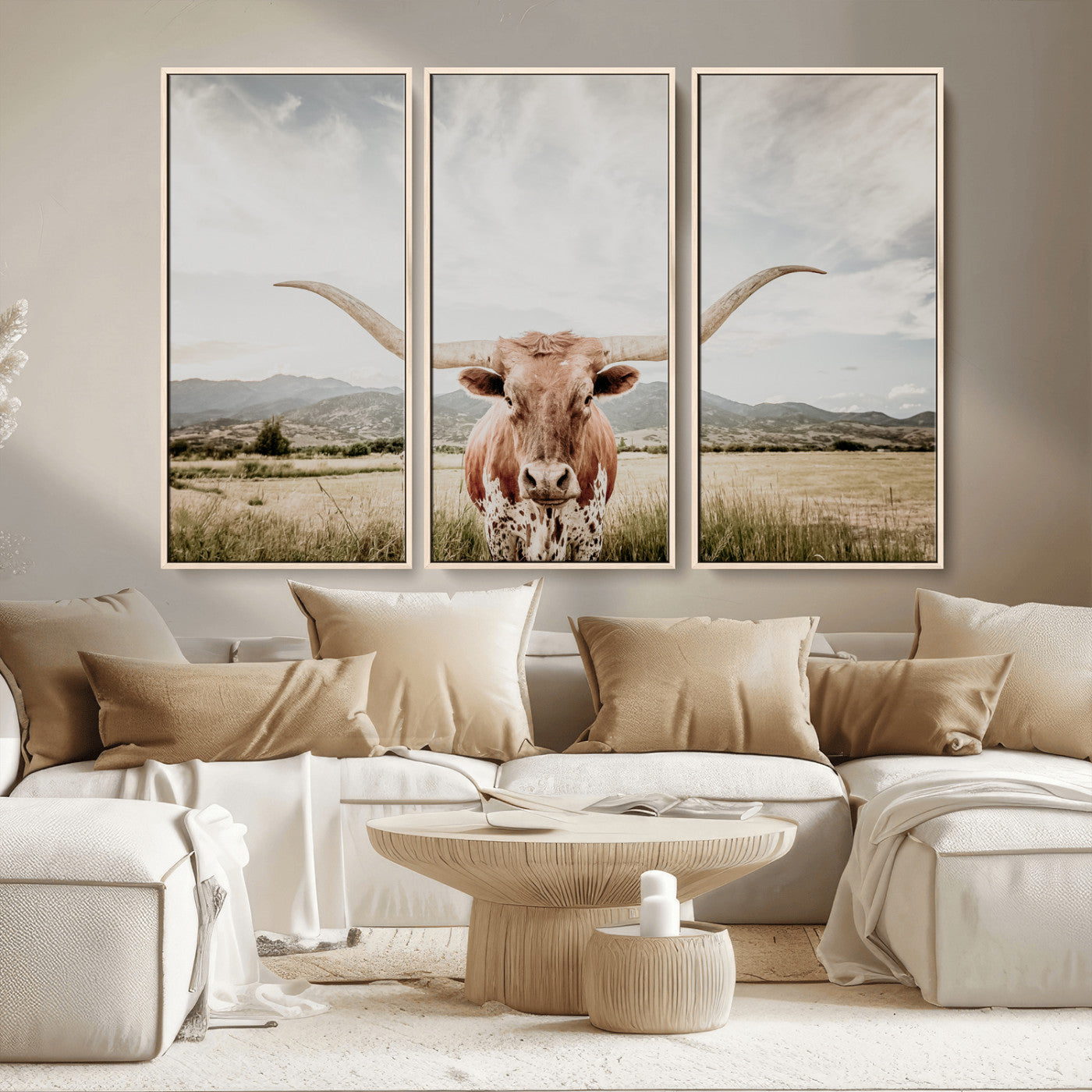 MGV-FC-48X32-3P - Texas Longhorn Wall Art Canvas Print, Framed Western Cow Art Picture Print, Rustic Farmhouse Perfect Farmhouse Decor Artwork