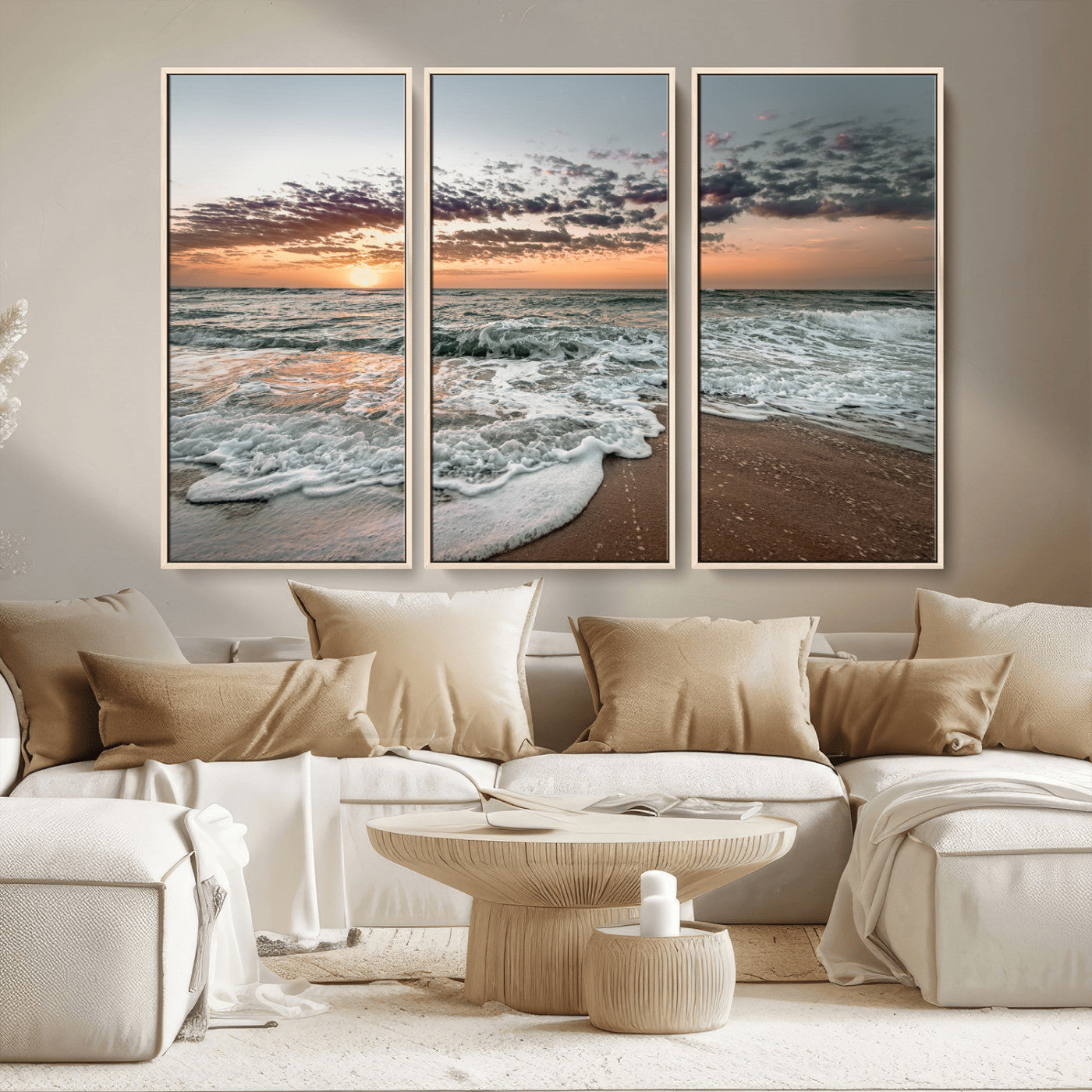MGV-FC-48X32-3P - Ocean Sunset Wall Art Canvas Print, Framed Beach Waves Art Picture Print, Coastal Scene Perfect Coastal Decor Artwork