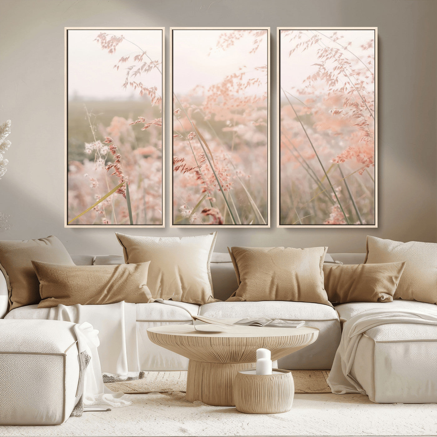 MGV-FC-48X32-3P - Pastel Grasses Wall Art Canvas Print, Framed Soft Meadow Art Picture Print, Field in Breeze Perfect Soft Pastel Minimal Decor Artwork