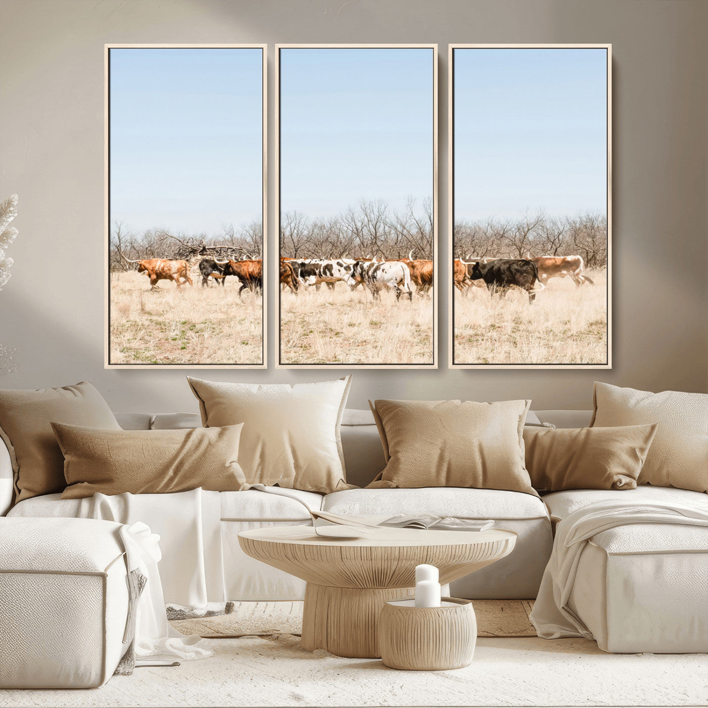 MGV-FC-48X32-3P - Texas Longhorns Wall Art Canvas Print, Framed Western Cattles Art Picture Print, Rustic Herd Perfect Rustic Farmhouse Decor Artwork