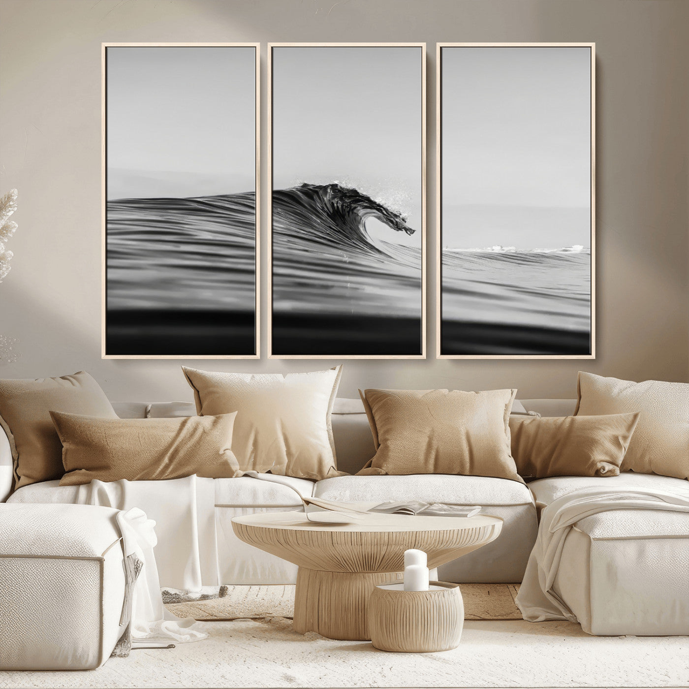 MGV-FC-48X32-3P - Black Wave Wall Art Canvas Print, Framed Abstract Surf Art Picture Print, Minimalist Ocean Perfect Minimalist Coastal Decor Artwork