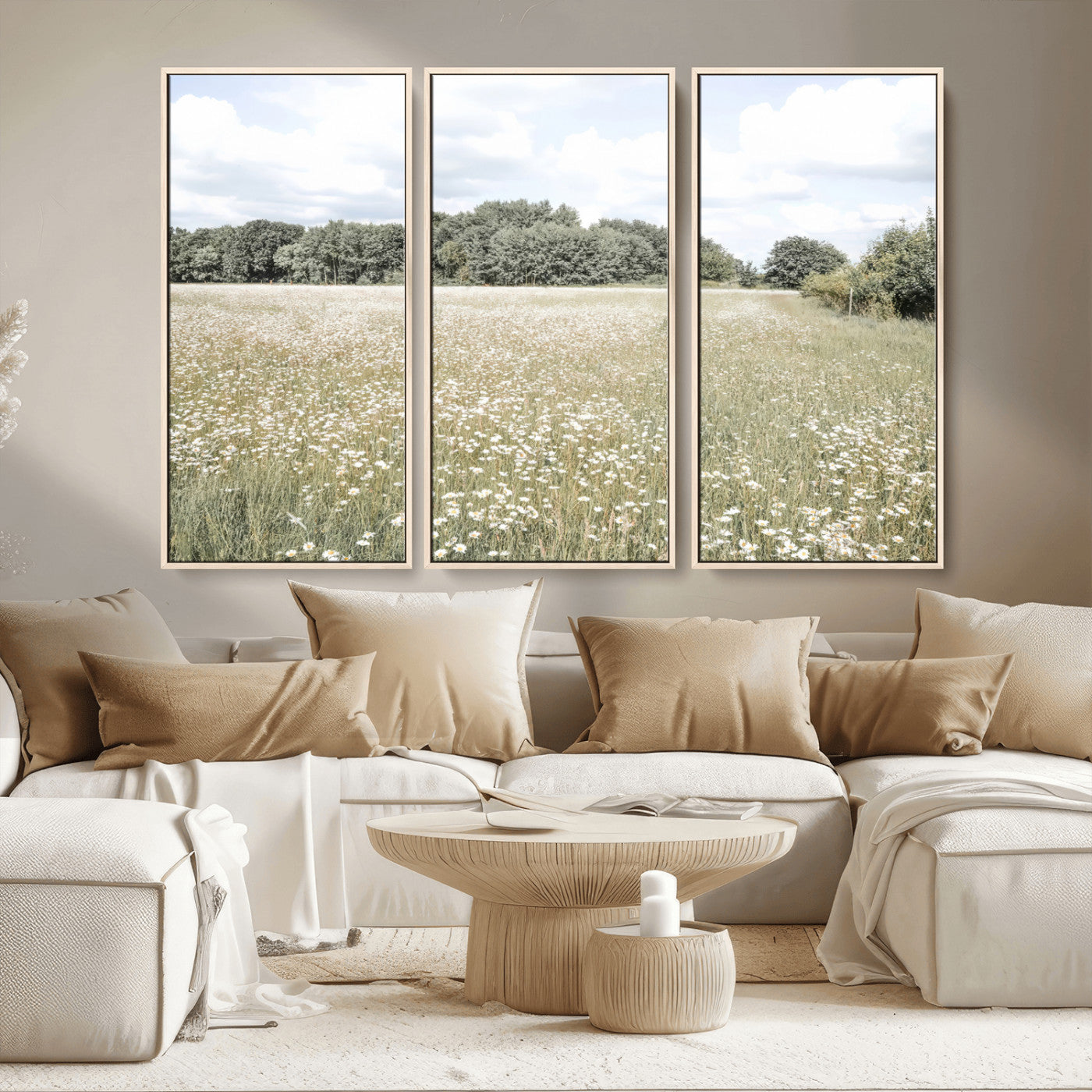 MGV-FC-48X32-3P - Charming Daisy Field Wall Art Canvas Print, Framed Pastel Flower Art Picture Print, Meadow Bloom Perfect Scandinavian Minimalist Decor Artwork
