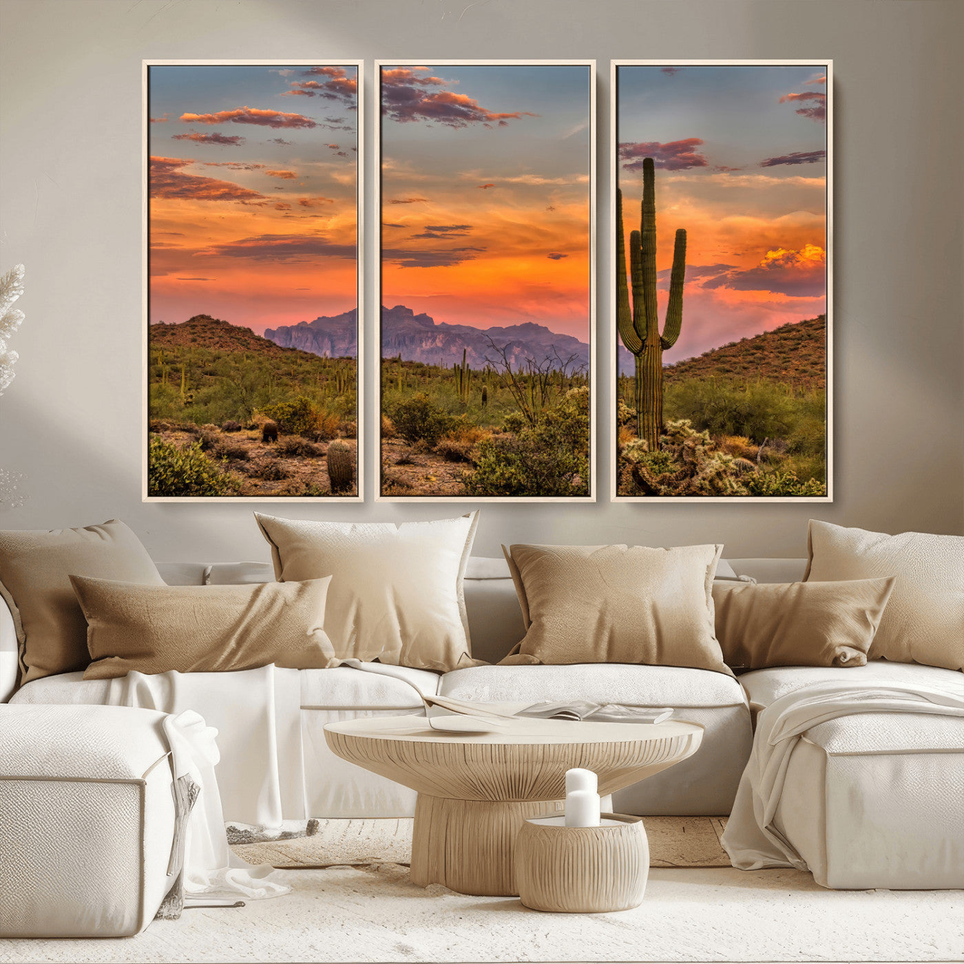 MGV-FC-48X32-3P - Saguaro Cactus Wall Art Canvas Print, Framed Arizona Sunset Art Picture Print, Sonoran Desert Perfect Southwestern Boho Decor Artwork