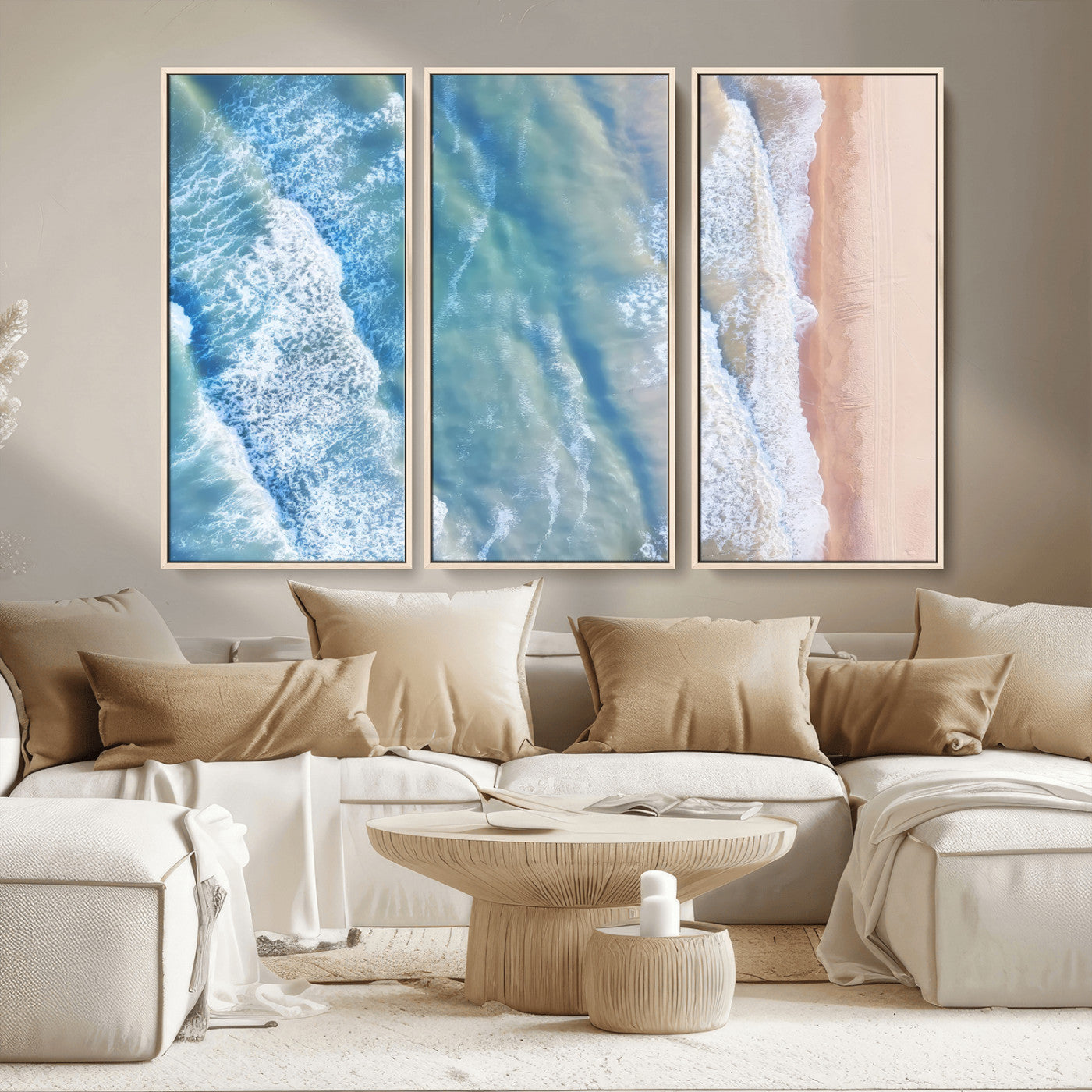MGV-FC-48X32-3P - Aerial Ocean View Wall Art Canvas Print, Framed Soft Blue Waves Art Picture Print, Sandy Shoreline Perfect Modern Coastal Decor Artwork