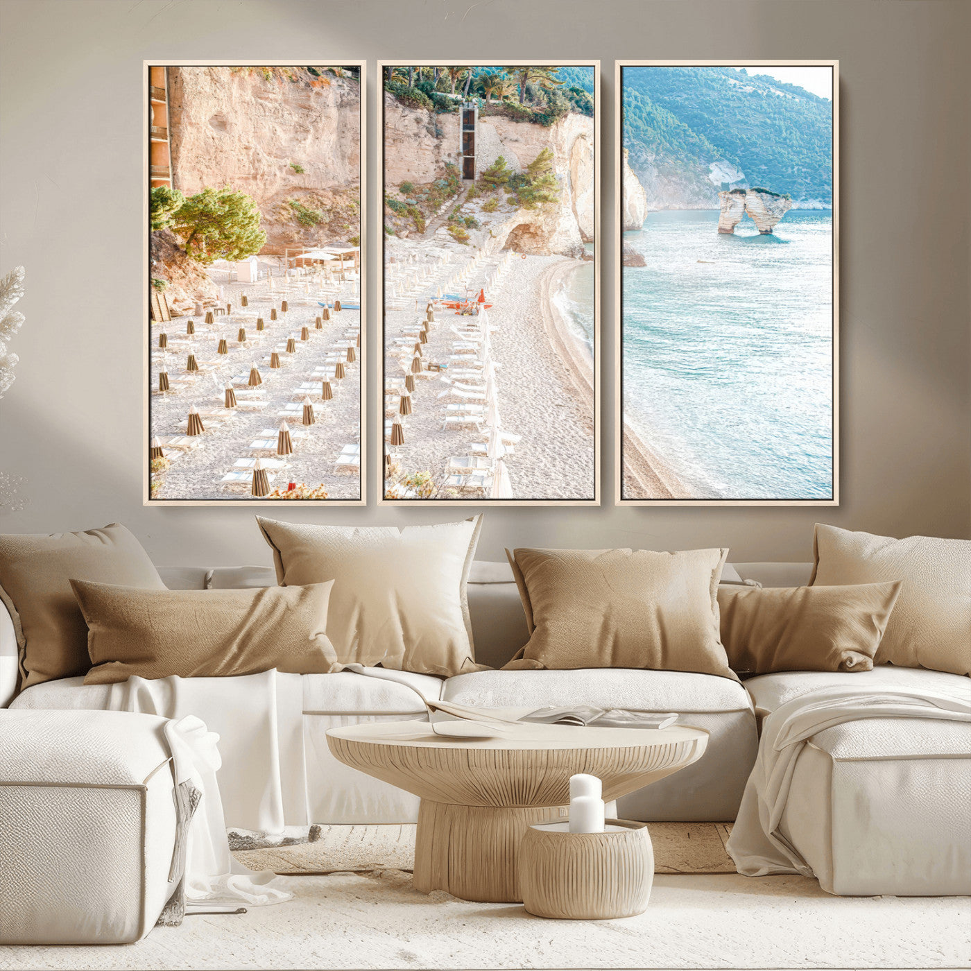 84816639-MGV-CV-36X24 - Sunny Beach Wall Art – Chairs & Umbrellas Canvas Print, Clear Water, Rocky Cliffs, Coastal Calm for Living Room or Vacation Home Decor