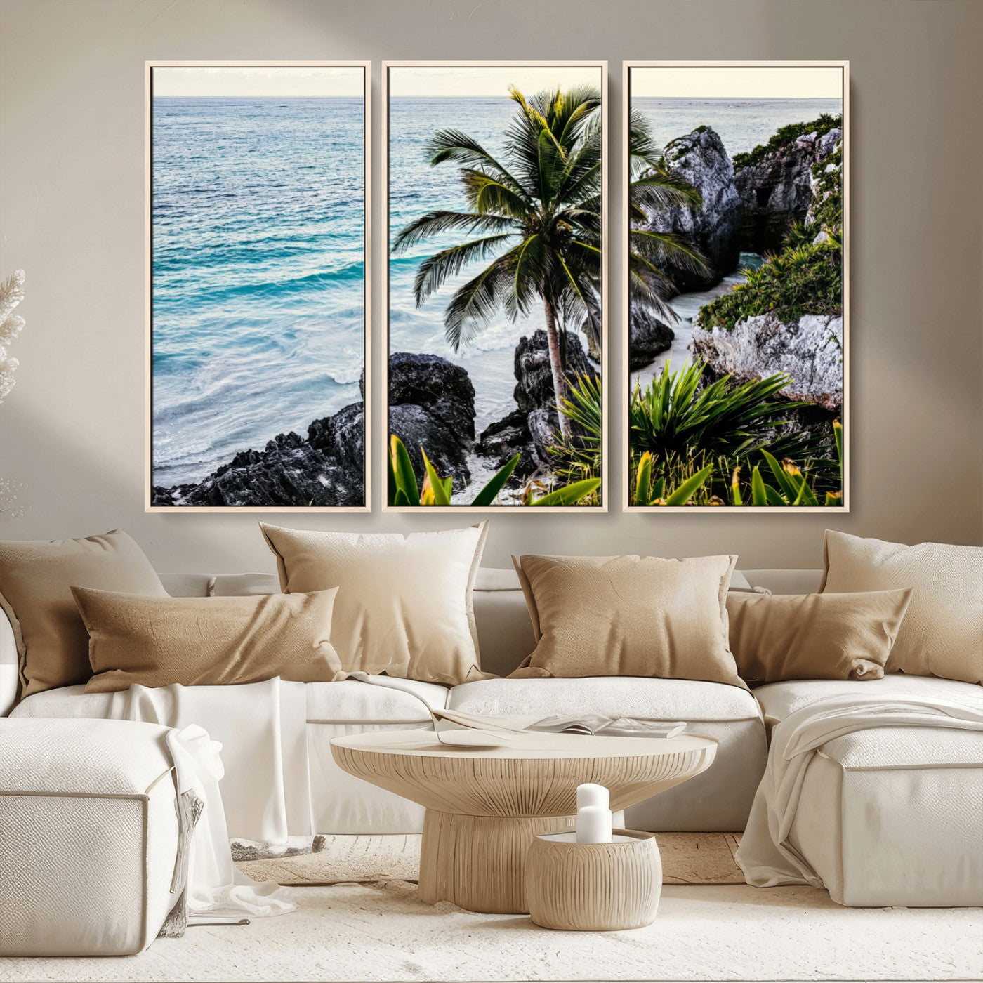 94669907-MGV-CV-36X24 - Tropical Palm Wall Art – Coastal Rocks Canvas Print, Ocean Breeze, Sandy Shore, Vibrant Green Foliage for Living Room or Beach House Decor