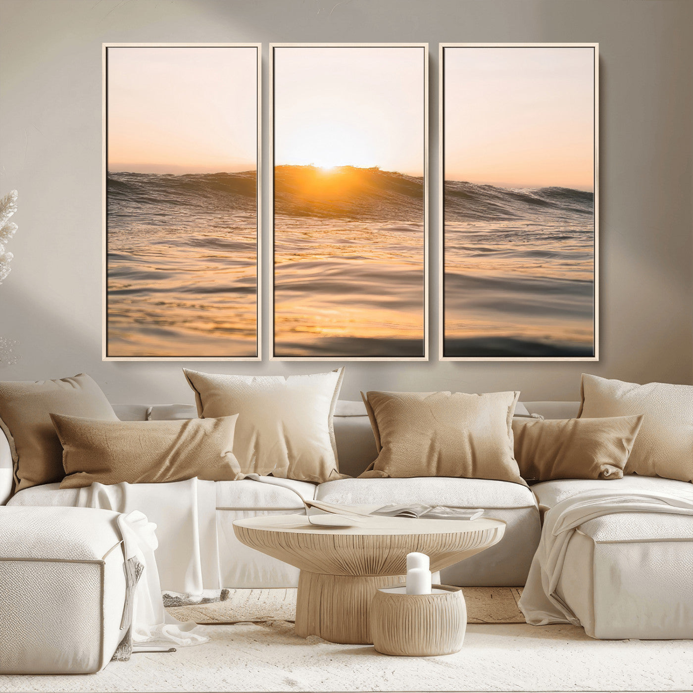 16973771-MGV-CV-36X24-Calm Water Wall Art – Framed Sunset Waves Canvas Artwork, Coastal Warm Design, Minimal Ocean Decor for Home, Office