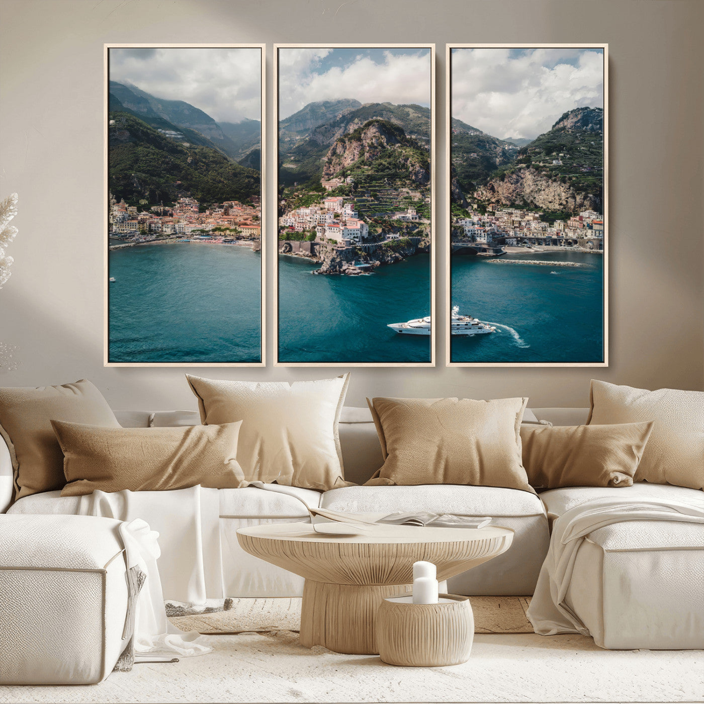 20321590-MGV-CV-36X24-Amalfi Coast Wall Art – Framed Italian Seaside Canvas Artwork, Mediterranean Landscape Design, Coastal Decor for Home, Office