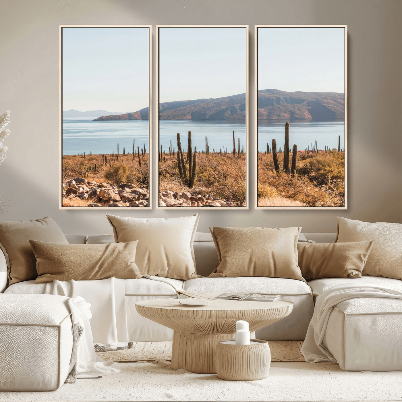 MGV-FC-48X32-3P - Desert Cactus Wall Art Canvas Print, Framed Baja Coastline Art Picture Print, Coastal Desert Perfect Southwestern Minimalist Decor Artwork