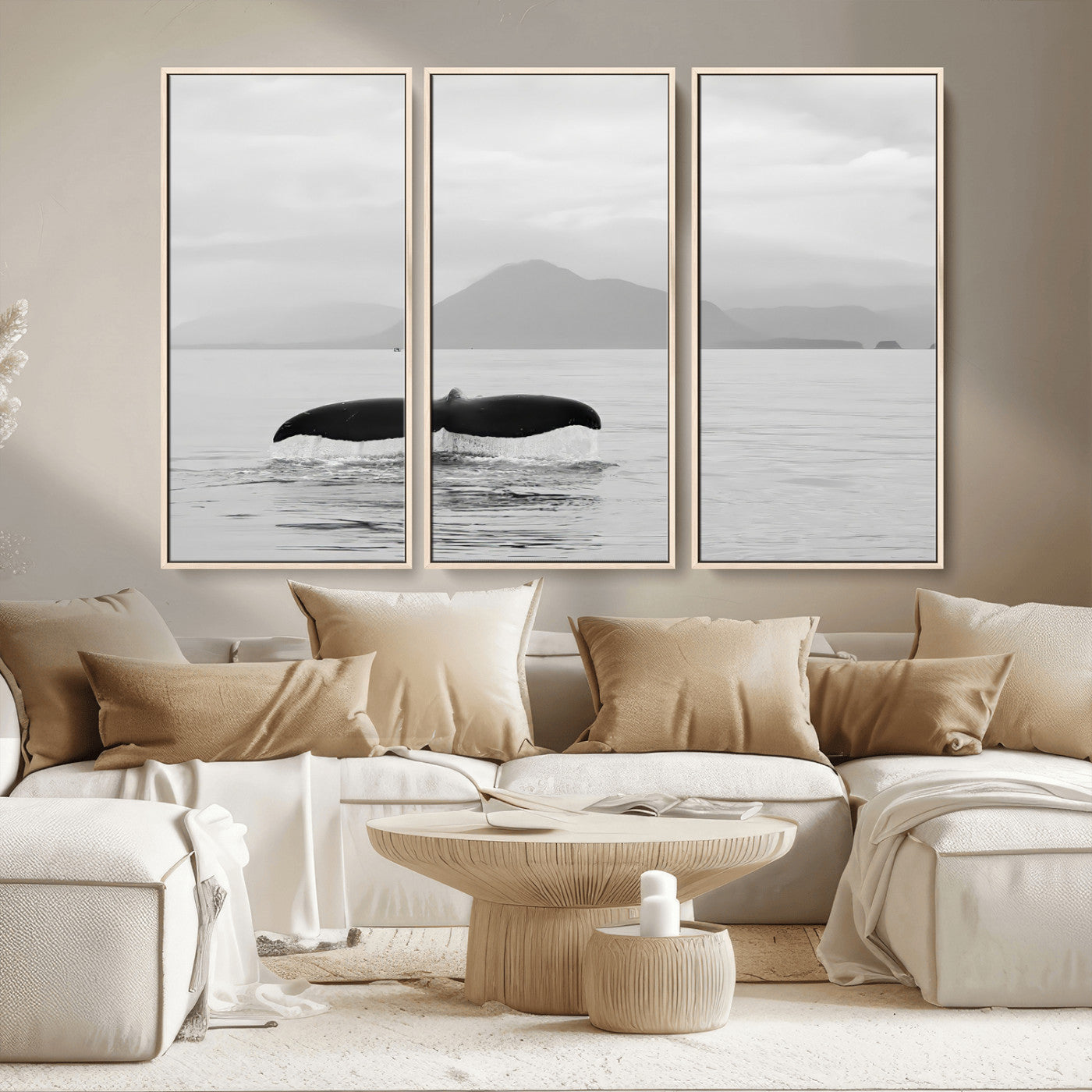 MGV-FC-48X32-3P - Whale Tail Wall Art Canvas Print, Framed Black White Ocean Art Picture Print, Calm Marine Perfect Minimalist Coastal Decor Artwork
