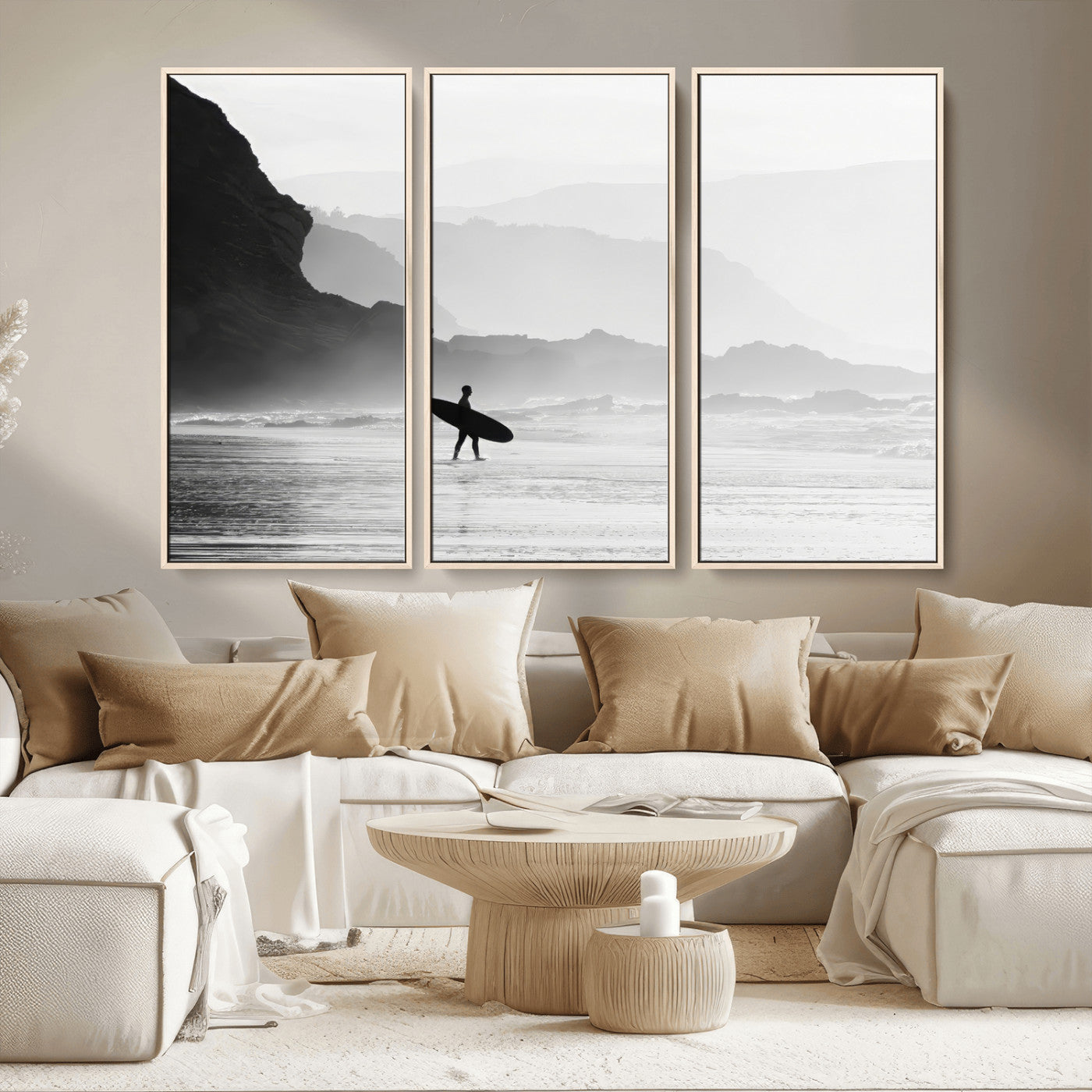 MGV-FC-48X32-3P - Surfer In Fog Wall Art Canvas Print, Framed Moody Shoreline Art Picture Print, Cliffside Waves Perfect Minimalist Coastal Decor Artwork