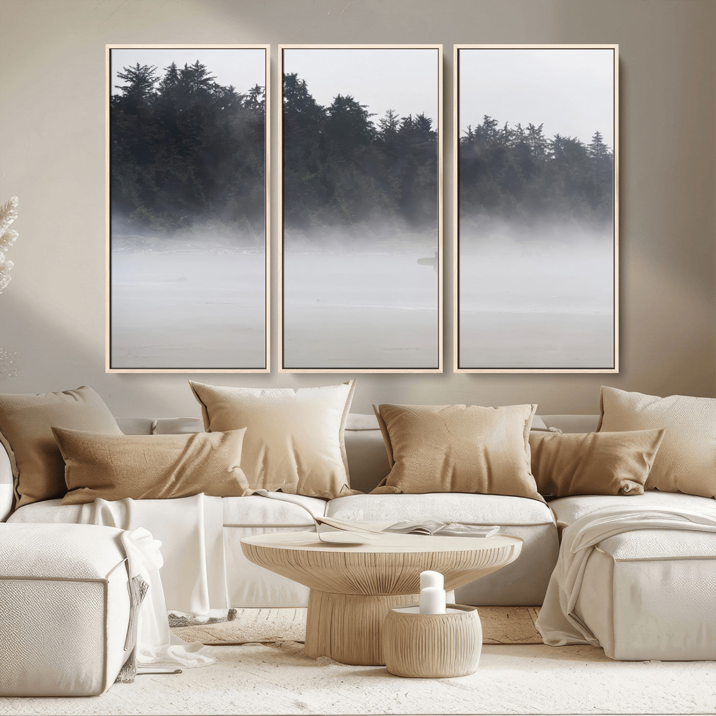 59703275-MGV-CV-36X24-Surfer Fog Wall Art Canvas Print – Framed Foggy Beach Scene with Coastal Surf Artwork for Home, Office, Living Room