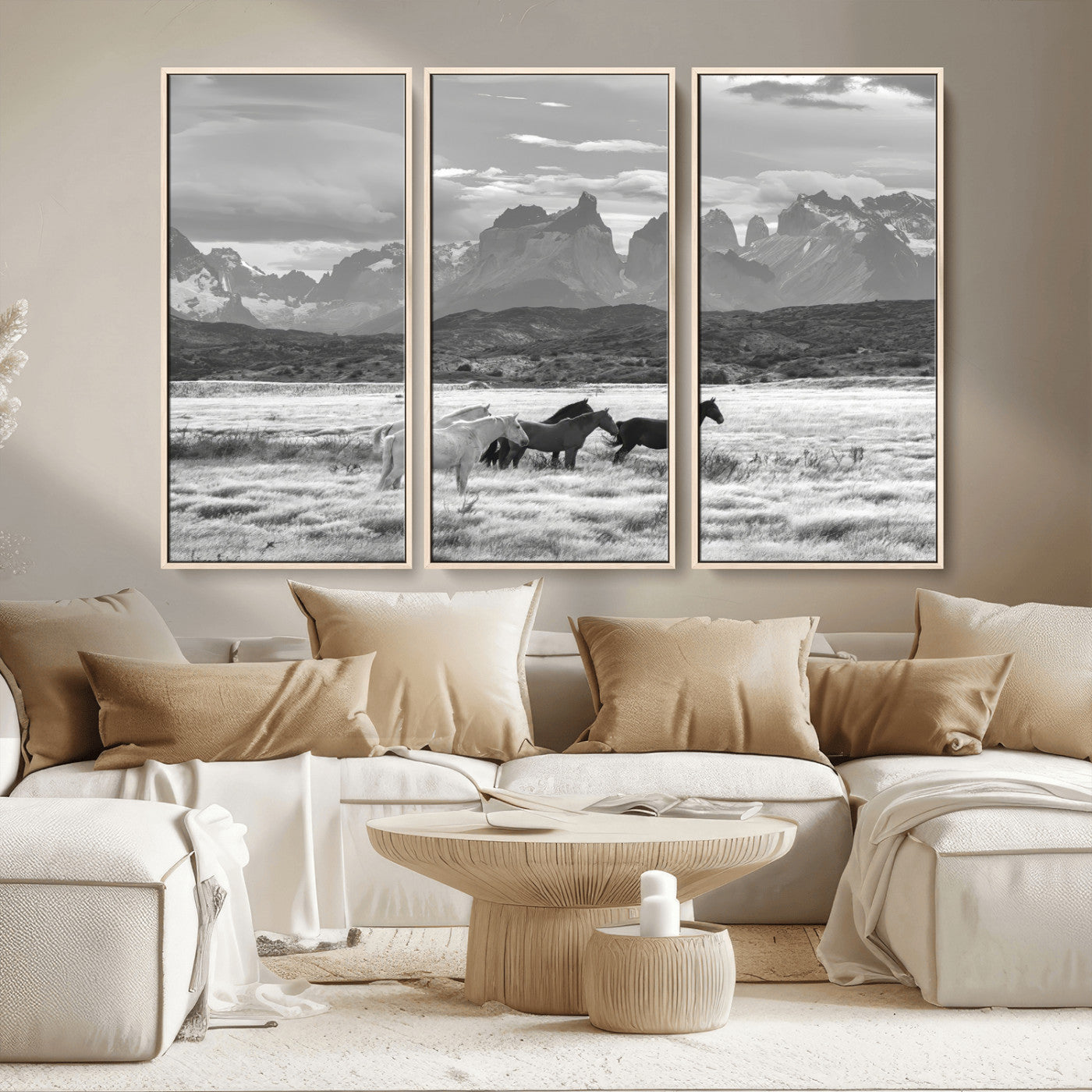 MGV-FC-48X32-3P - Wild Horses Wall Art Canvas Print, Framed Black White Mountains Art Picture Print, Rustic Countryside Perfect Rustic Western Decor Artwork