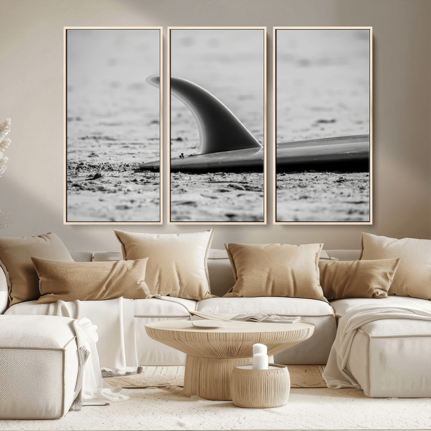 MGV-FC-48X32-3P - Black White Surfboard Wall Art Canvas Print, Framed Minimalist Beach Art Picture Print, Surf Fin Perfect Minimalist Coastal Decor Artwork