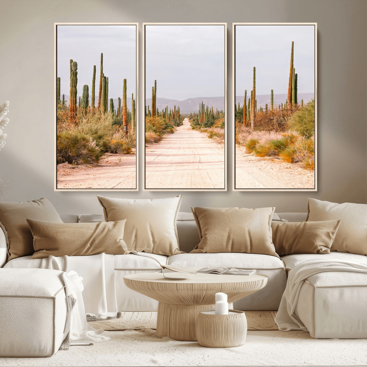 MGV-FC-48X32-3P - Desert Cactus Lined Road Wall Art Canvas Print, Framed Southwestern Landscape Art Picture Print, Bohemian Western Aesthetic Perfect Southwestern Boho Decor Artwork
