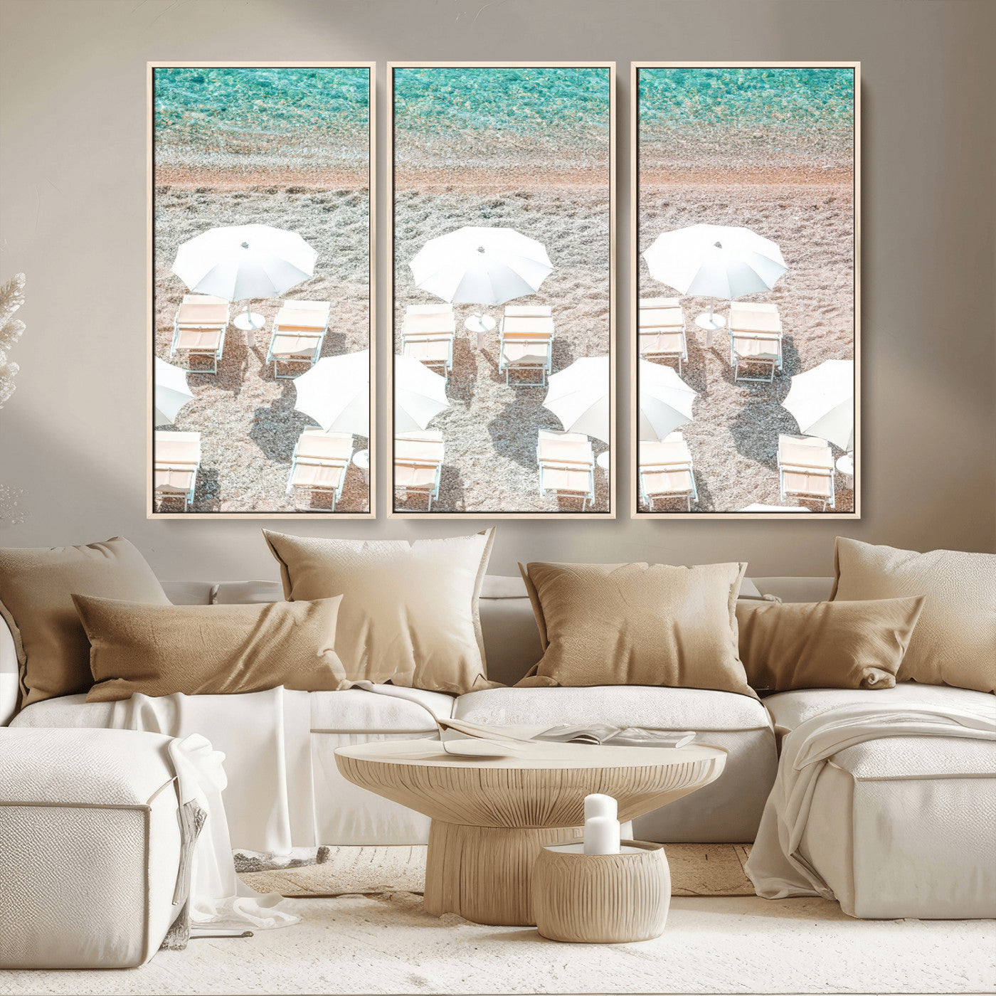 MGV-FC-48X32-3P - Calm Beach Wall Art Canvas Print, Framed Turquoise Water Art Picture Print, Umbrella Shoreline Perfect Coastal Minimalist Decor Artwork