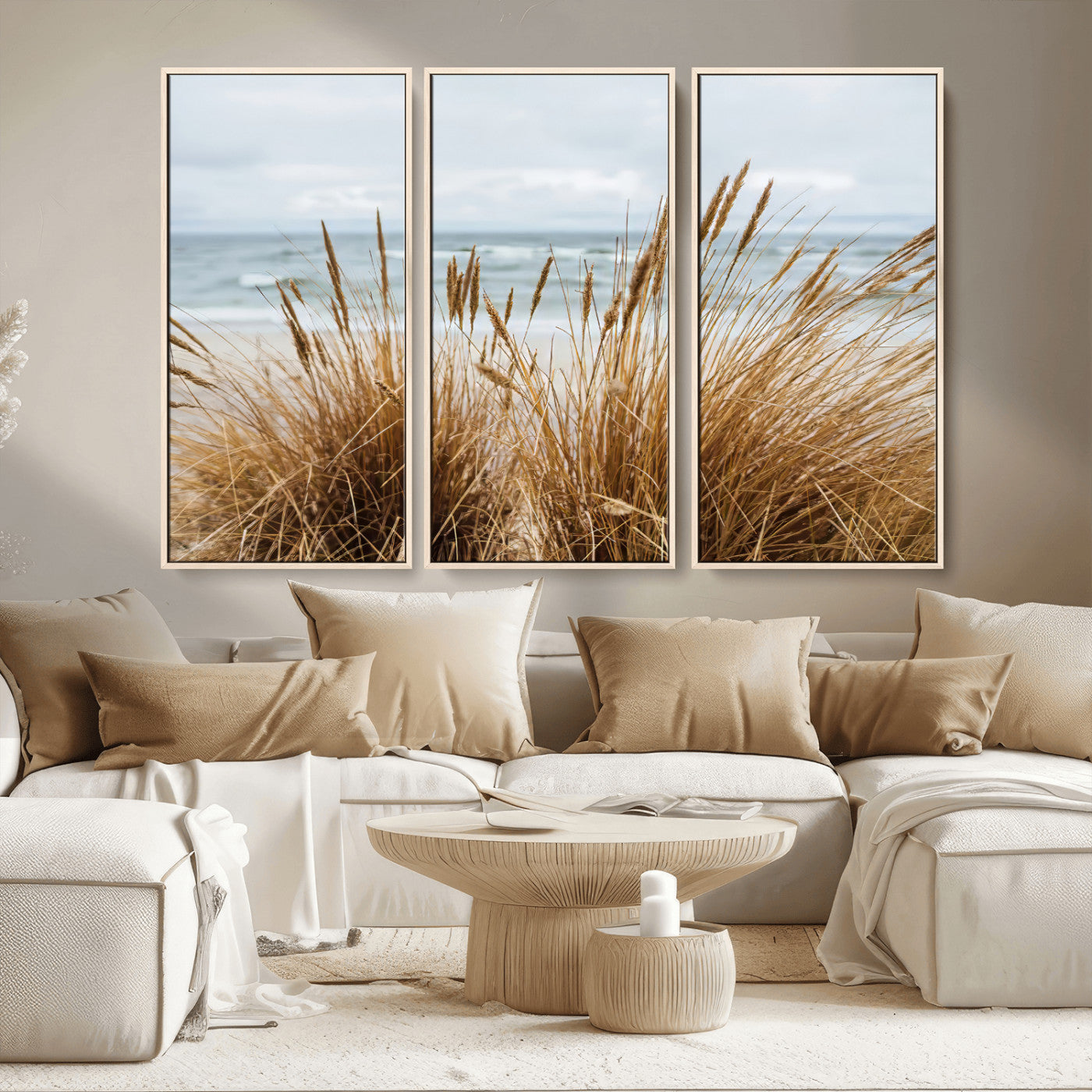MGV-FC-48X32-3P - Beach Grass Wall Art Canvas Print, Framed Coastal Dunes Art Picture Print, Dune Grass Perfect Coastal Minimalist Decor Artwork