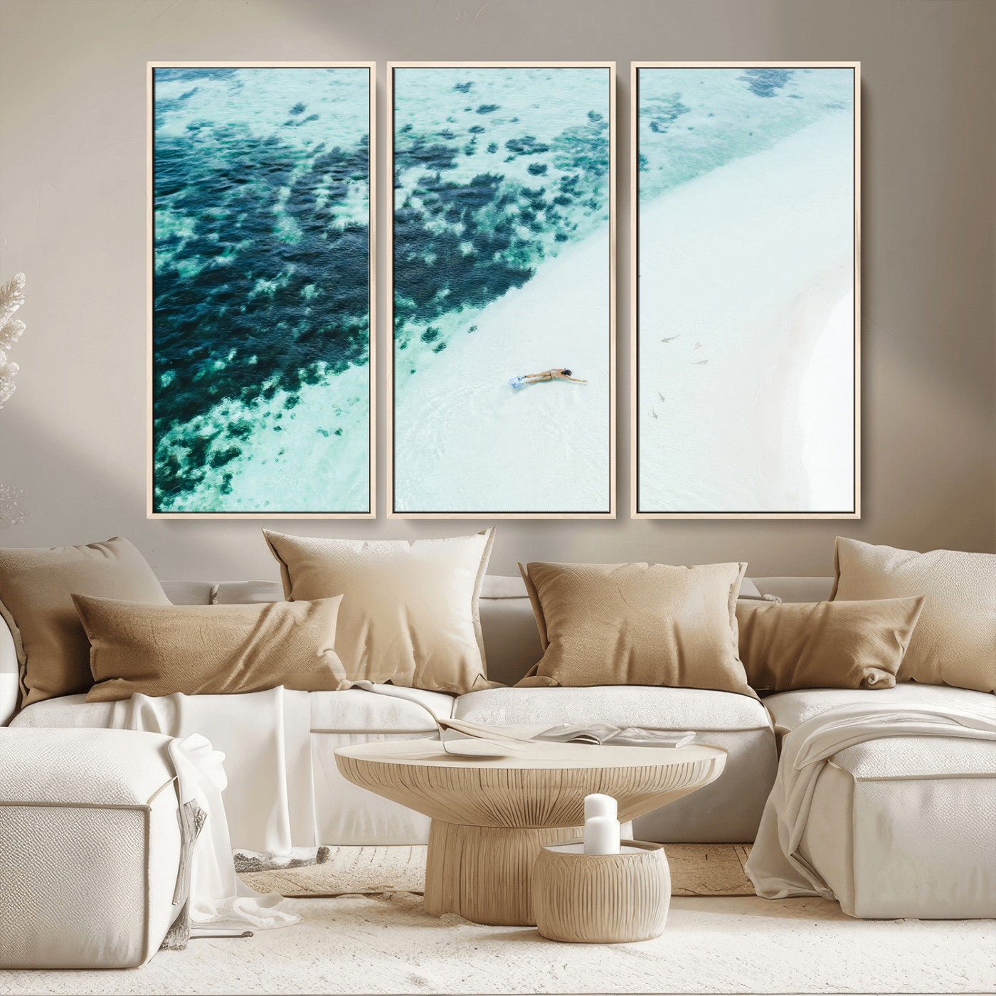 MGV-FC-48X32-3P - Minimal Beach Wall Art Canvas Print, Framed Ocean Swimming Art Picture Print, Clear Ocean Perfect Minimal Coastal Decor Artwork