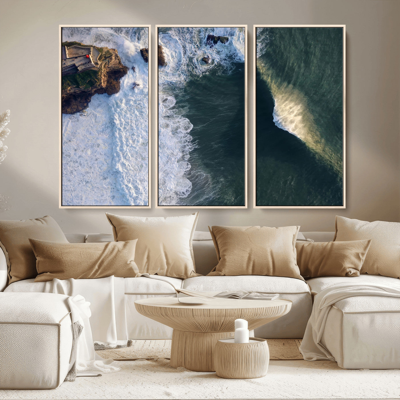 MGV-FC-48X32-3P - Nazaré Coast Wall Art Canvas Print, Framed Aerial Ocean Art Picture Print, Coastal Fortress Perfect Dramatic Coastal Decor Artwork