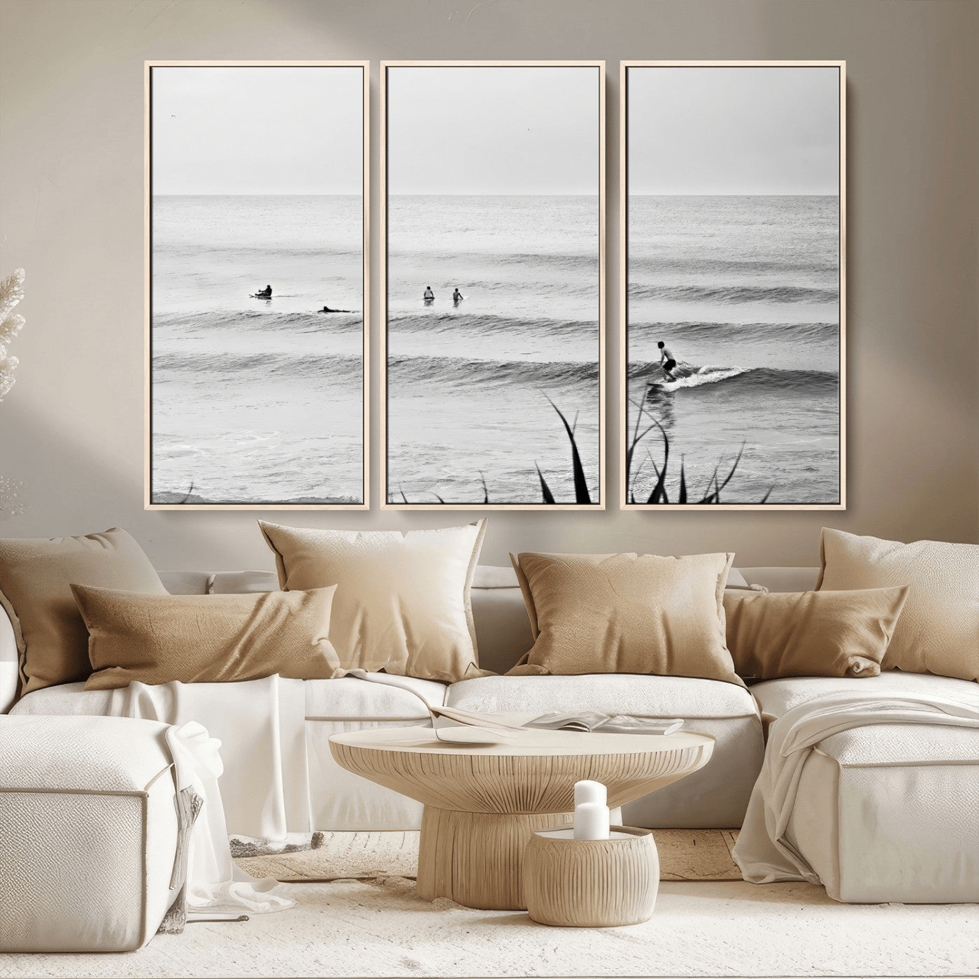 MGV-FC-48X32-3P - Surfer Silhouette Wall Art Canvas Print, Framed Calm Ocean Art Picture Print, Monochrome Surf Perfect Minimalist Coastal Decor Artwork
