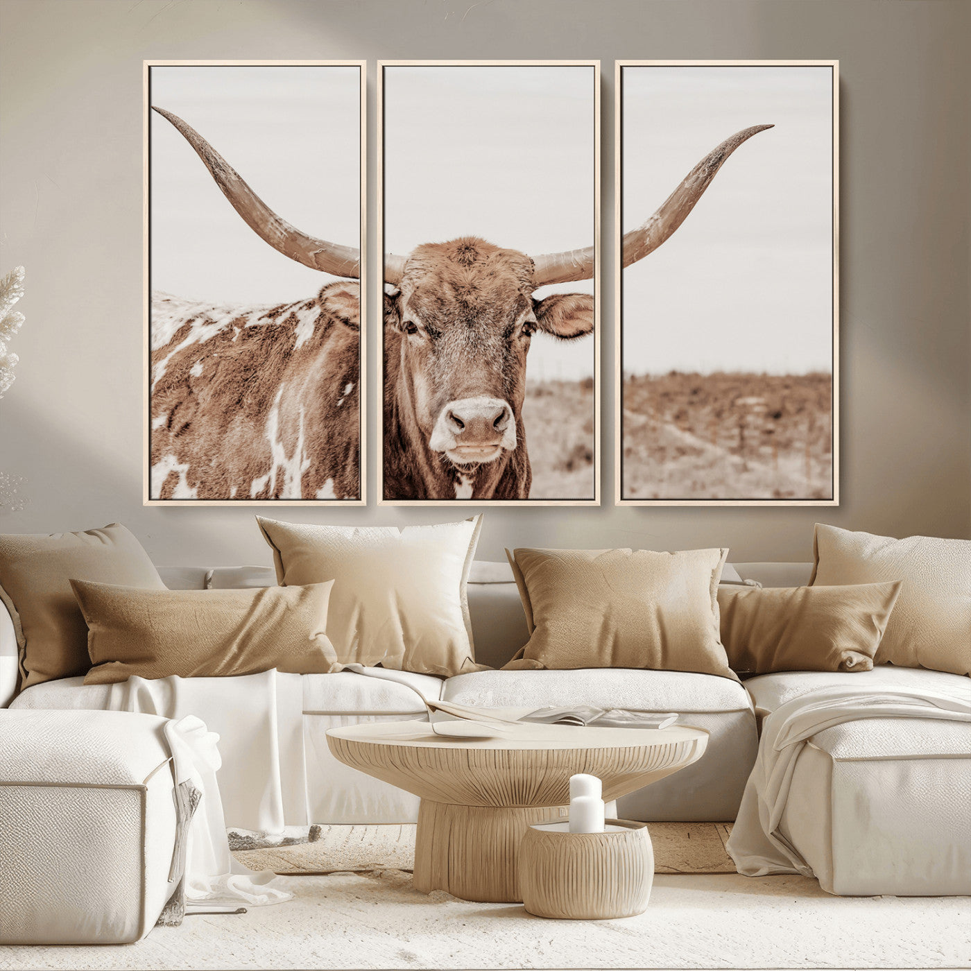 MGV-FC-48X32-3P - Longhorn Cow Wall Art Canvas Print, Framed Texas Ranch Art Picture Print, Western Bull Perfect County Decor Artwork