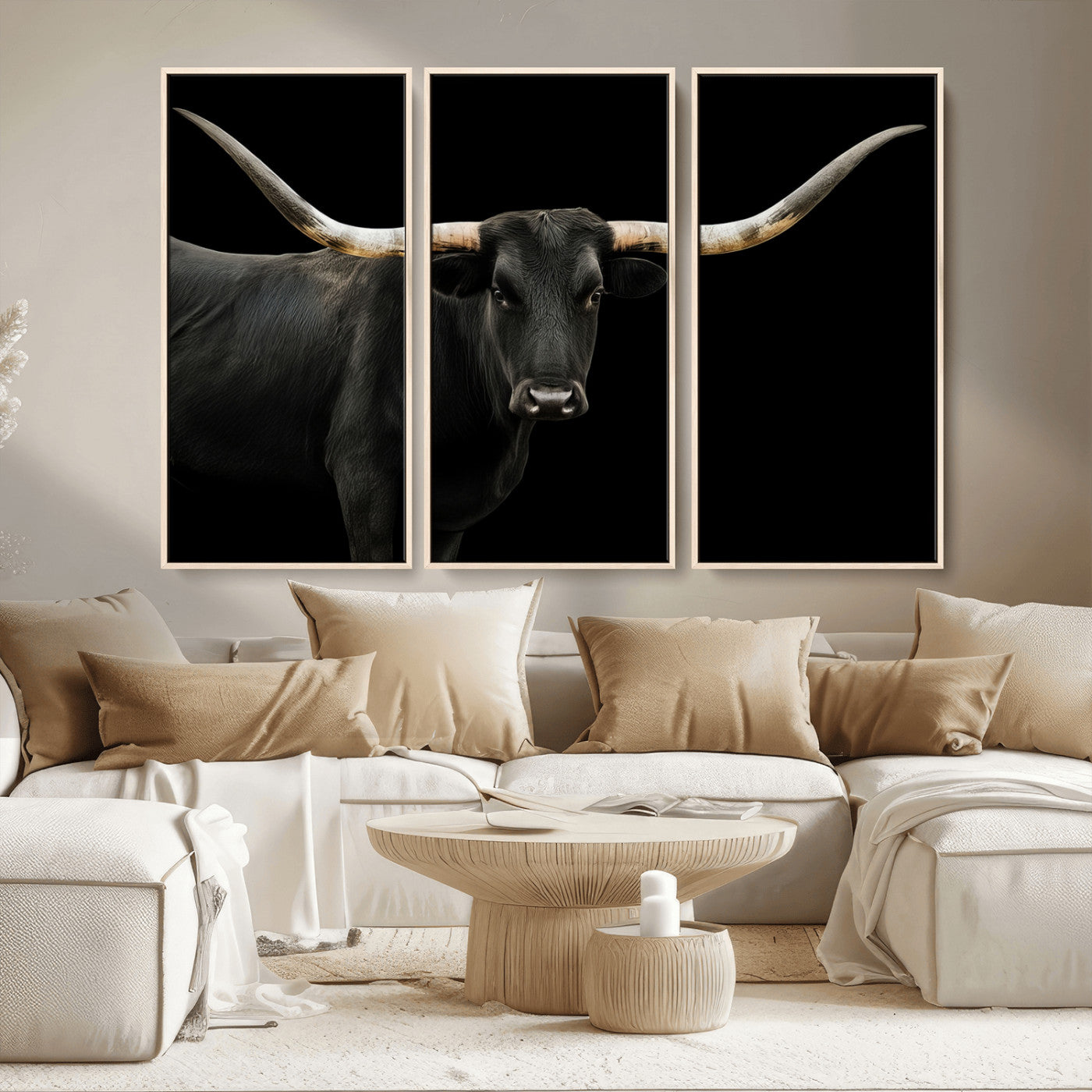 MGV-FC-48X32-3P - Longhorn Cattle Wall Art Canvas Print, Framed Texas Ranch Art Picture Print, Western Cow Perfect Farmhouse Decor Artwork