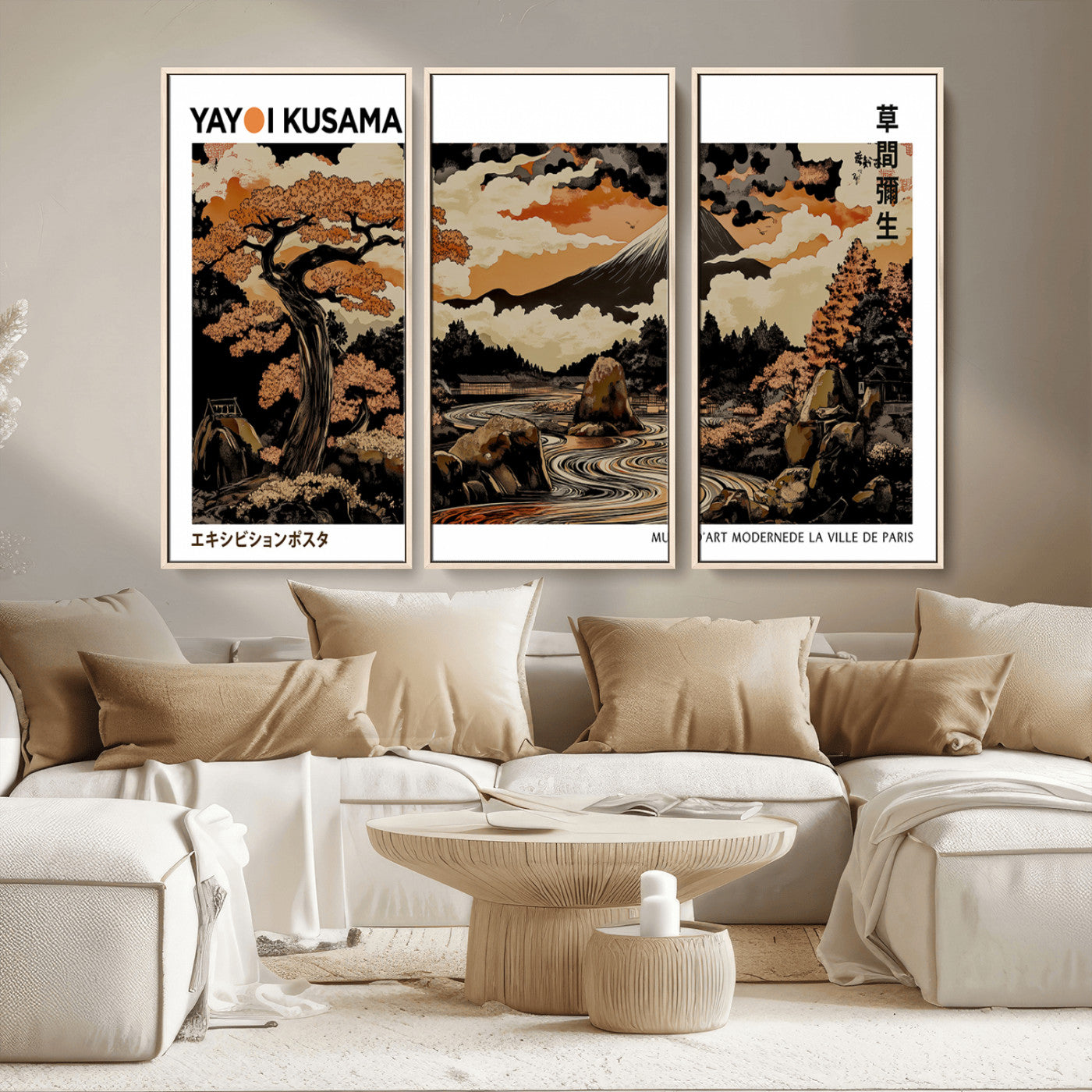 MGV-FC-48X32-3P - Modern Japanese Wall Art Print Yayoi Kusama Canvas Wall Art Abstract Mount Fuji Canvas Print