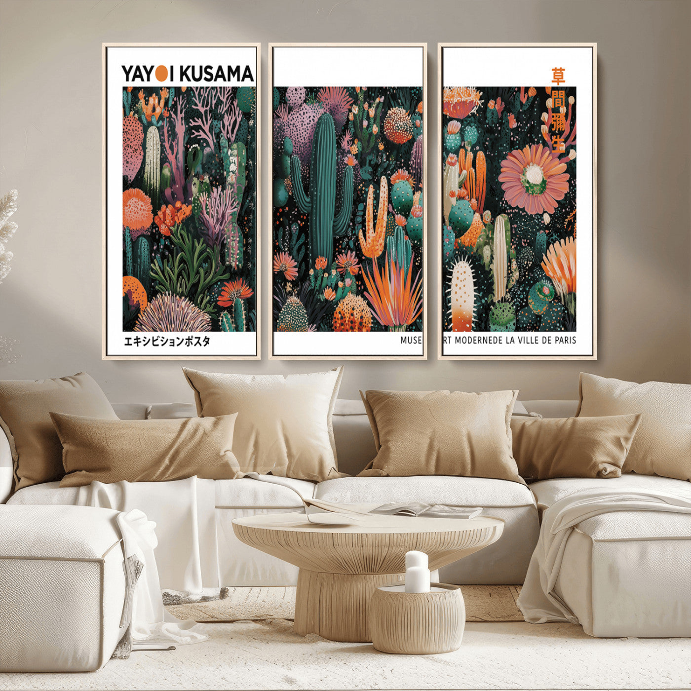 MGV-FC-48X32-3P - Modern Japanese Wall Art Print, Yayoi Kusama Print Wall Decor, Abstract Mount Fuji Canvas Print,