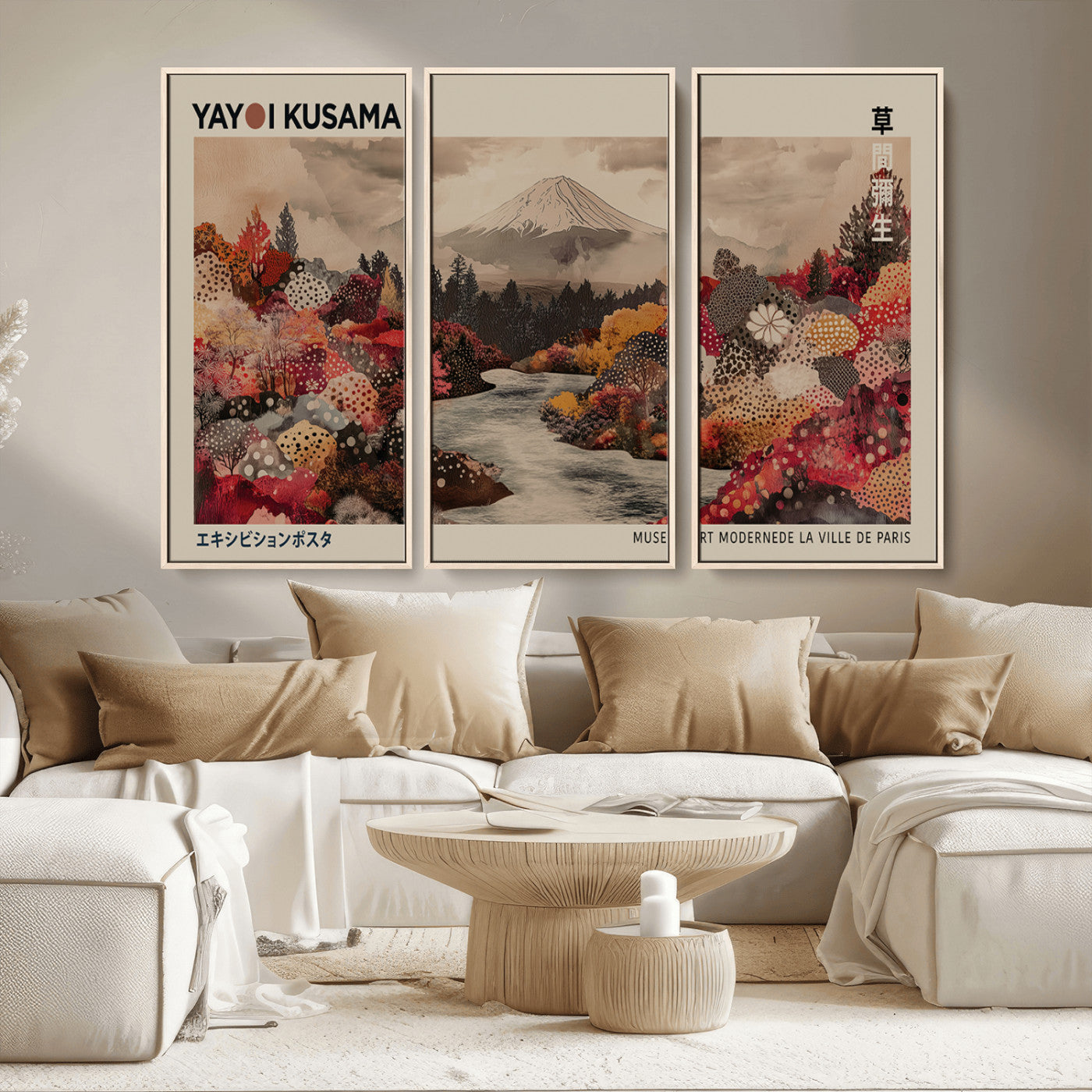 MGV-FC-48X32-3P - Modern Japanese Wall Art Print Yayoi Kusama Canvas Wall Art Abstract Mount Fuji Canvas Print