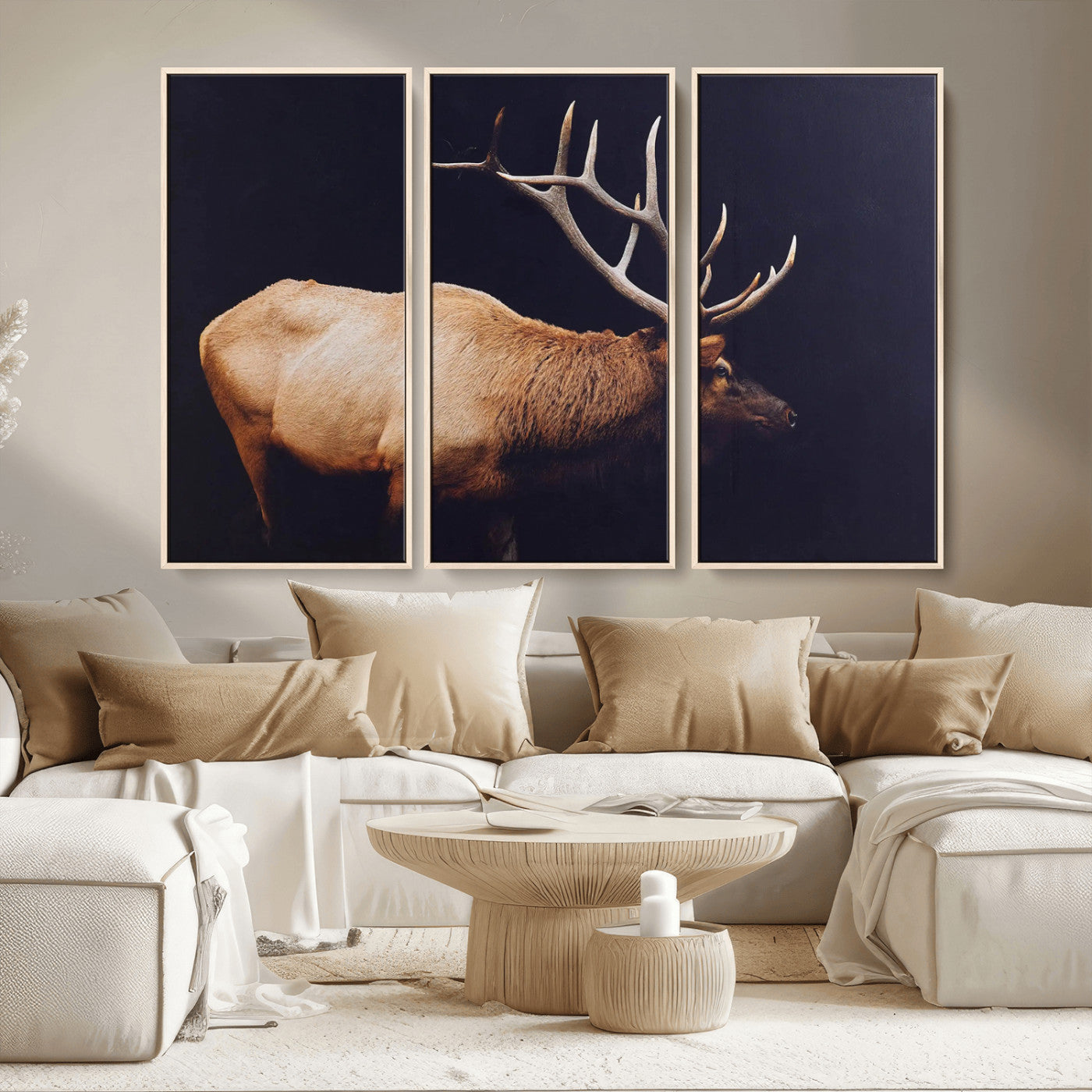 89239257-MGV-FC-48X32-3P - Rustic Elk Wall Art Canvas Print – Framed Moody Wildlife Art Picture Western Animal Artwork for Home, Office