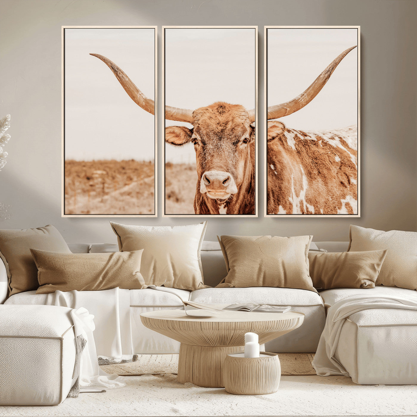 MGV-FC-48X32-3P - Longhorn Bull Wall Art Canvas Print, Framed Western Cow Art Picture Print, Rustic Farmhouse Perfect Neutral Farmhouse Decor Artwork
