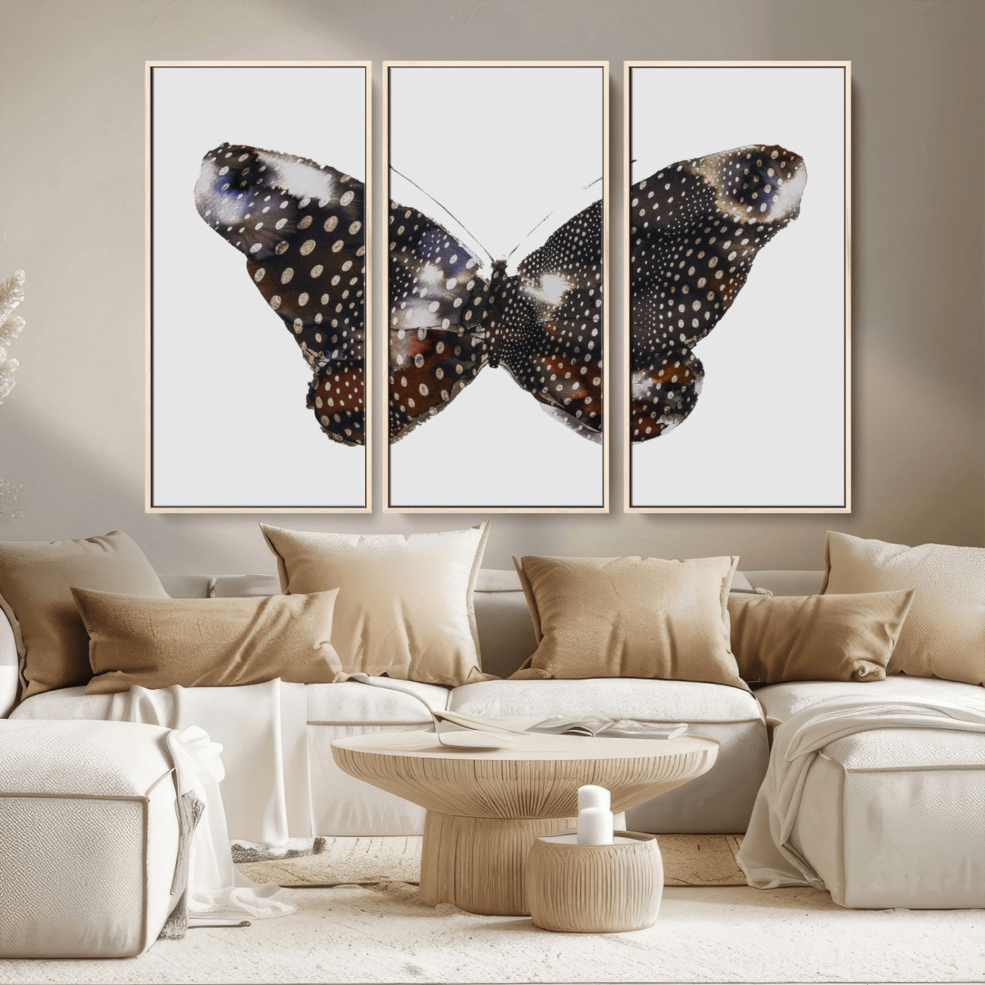MGV-FC-48X32-3P - Spotted Butterfly Wall Art Canvas Print, Framed Neutral Insect Theme Art Picture Print, Earthy Wing Pattern Perfect Modern Rustic Decor Artwork