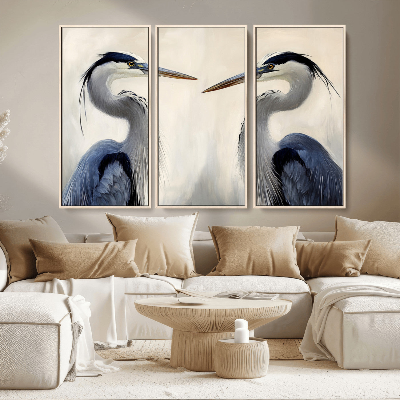MGV-FC-48X32-3P - Blue Heron Pair Wall Art Canvas Print, Framed Coastal Bird Theme Art Picture Print, Tranquil Wildlife Scene Perfect Coastal Minimalist Decor Artwork