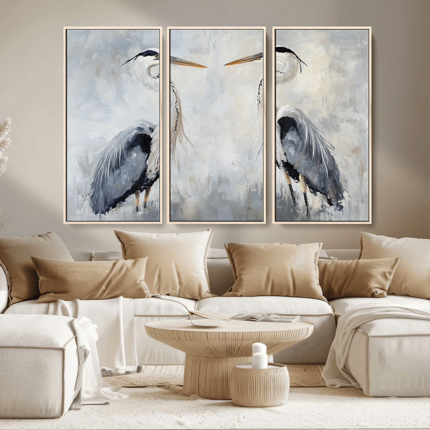 MGV-FC-48X32-3P - Heron Wall Art Wall Art Canvas Print, Framed Bird Canvas Decor Art Picture Print, Nature Inspired Perfect Coastal Minimalist Decor Artwork