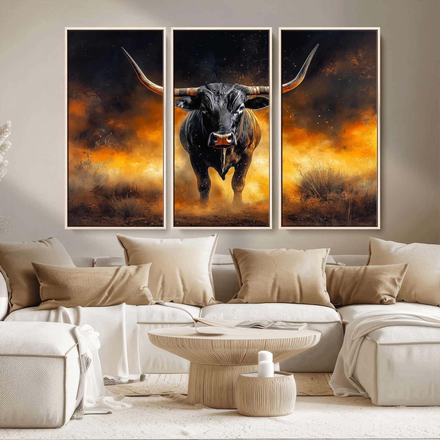 MGV-FC-48X32-3P - Longhorn Canvas Wall Art Canvas Print, Framed Bold Bull Wall Art Art Picture Print, Western Animal Decor Perfect Western Dramatic Decor Artwork