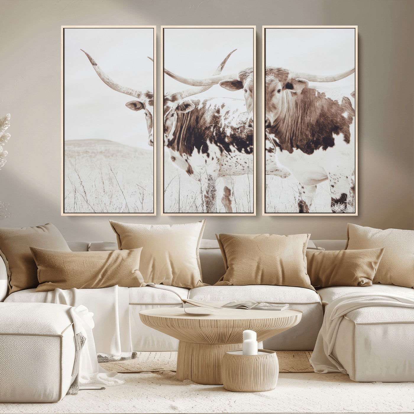 MGV-FC-48X32-3P - Longhorn Wall Art Wall Art Canvas Print, Framed Western Cow Canvas Art Picture Print, Rustic Farm Decor Perfect Rustic Farmhouse Decor Artwork