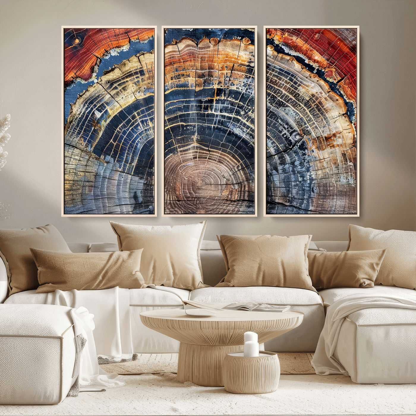 MGV-FC-48X32-3P - Tree Rings Wall Art Canvas Print, Framed Wood Texture Art Picture Print, Petrified Wood Perfect Modern Rustic Decor Artwork