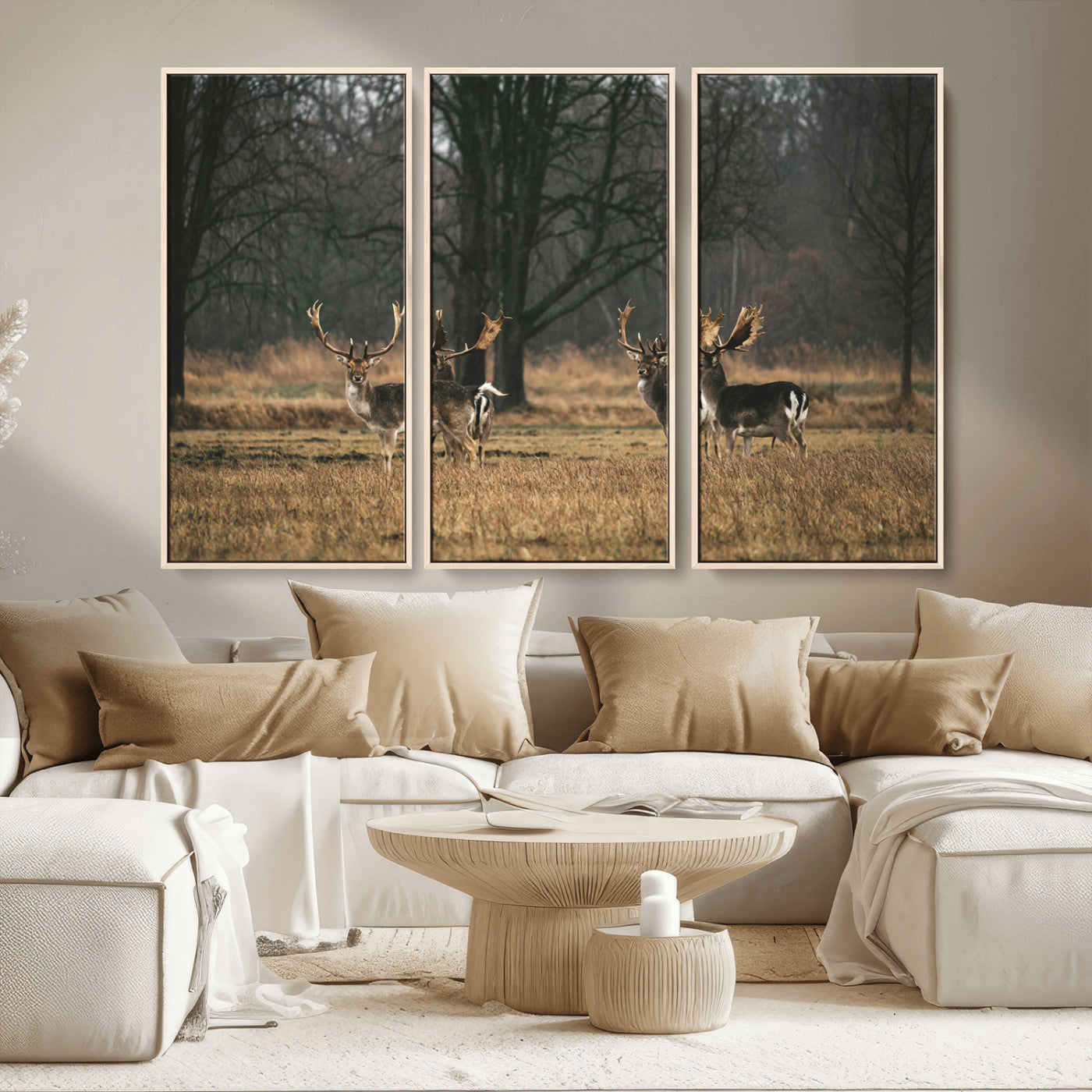 MGV-FC-48X32-3P - Deer Photography Wall Art Canvas Print, Framed Rustic Wildlife Art Picture Print, Stags In Forest Perfect Rustic Wilderness Decor Artwork