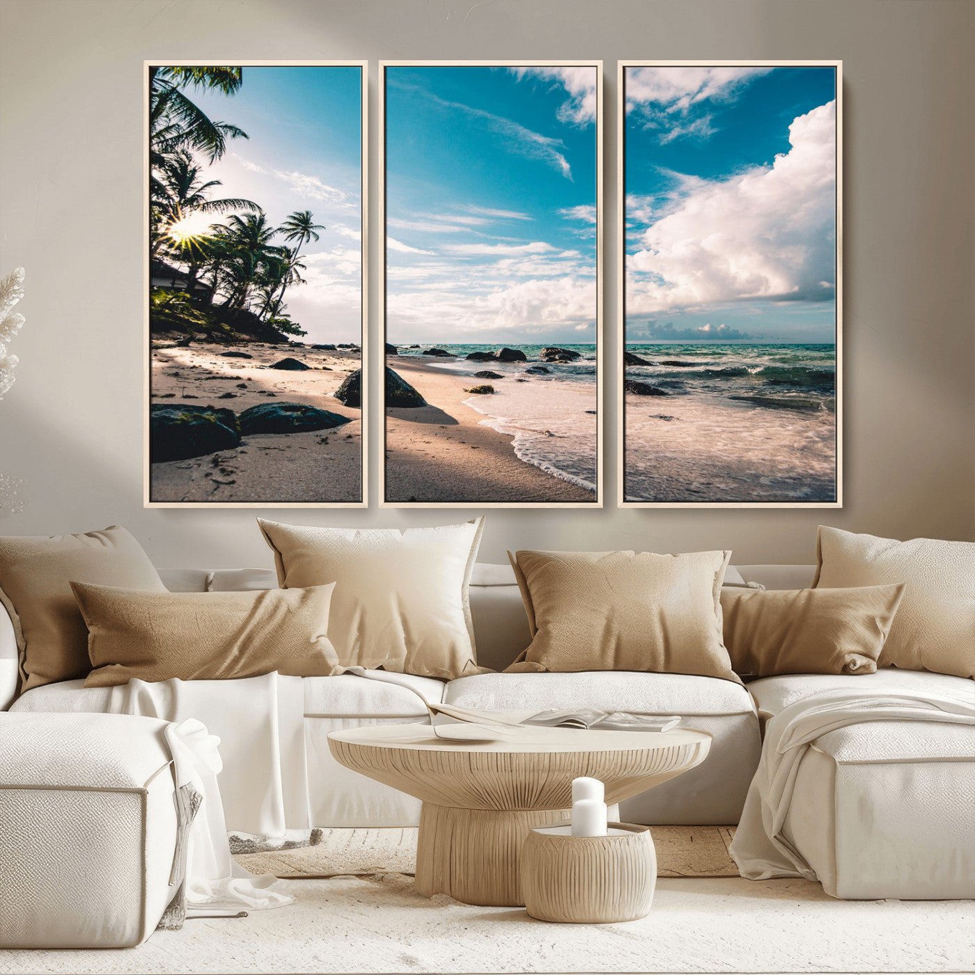 MGV-FC-48X32-3P - Tropical Beach Wall Art Canvas Print, Framed Ocean Waves Art Picture Print, Relazxing Seascape Perfect Tropical Coastal Decor Artwork