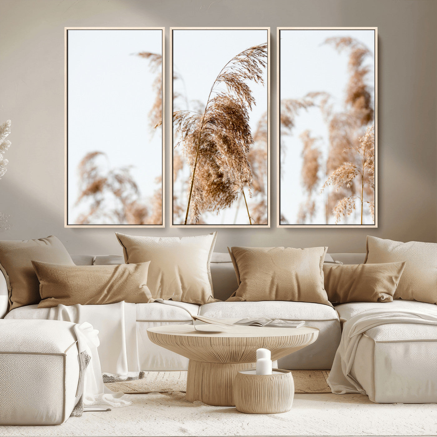 MGV-FC-48X32-3P - Pampas Grass Wall Art Canvas Print, Framed Neutral Tones Art Picture Print, Minimalist Nature Perfect Boho Decor Artwork