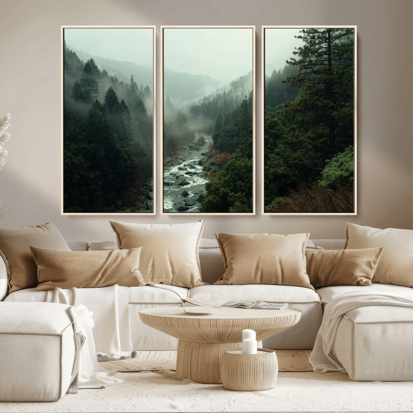 MGV-FC-48X32-3P - Misty Forest Wall Art Canvas Print, Framed Foggy River Art Picture Print, Moody Landscape Perfect Wilderness Decor Artwork