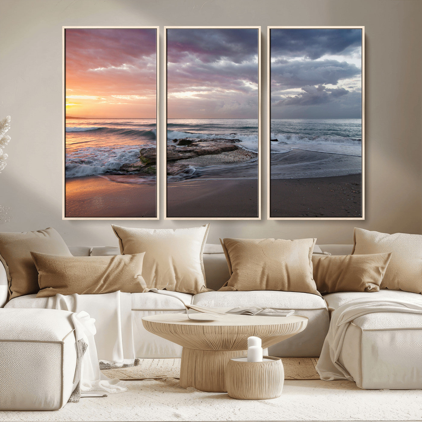 MGV-FC-48X32-3P - Golden Hour Wall Art Canvas Print, Framed Tranquil Waves Art Picture Print, Beach Perfect Coastal Serenity Decor Artwork